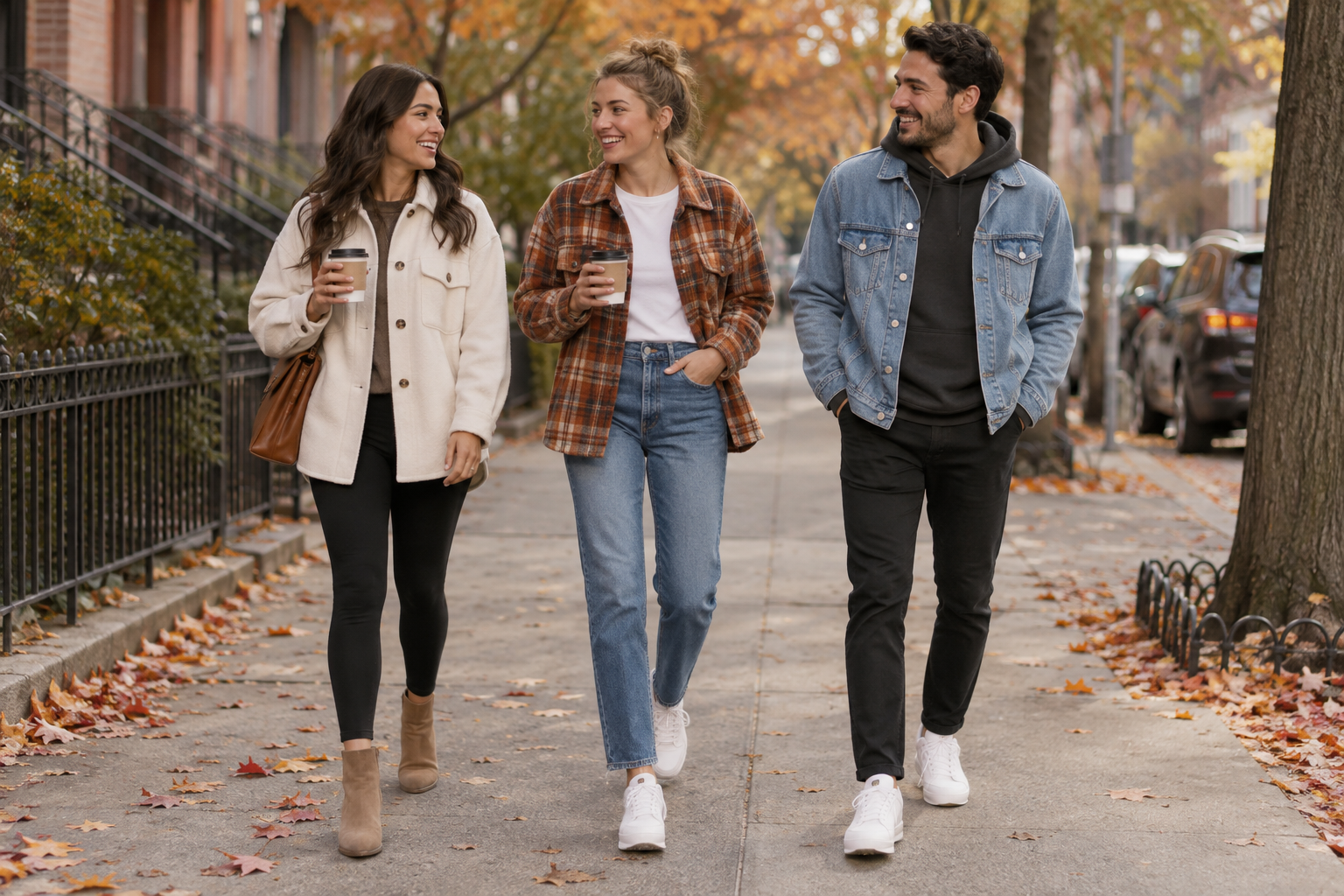 Three smiling friends walk down an autumn sidewalk covered in fallen leaves. Two women carry coffee cups; one wears a cream jacket, the other plaid. A man in a denim jacket walks beside them.