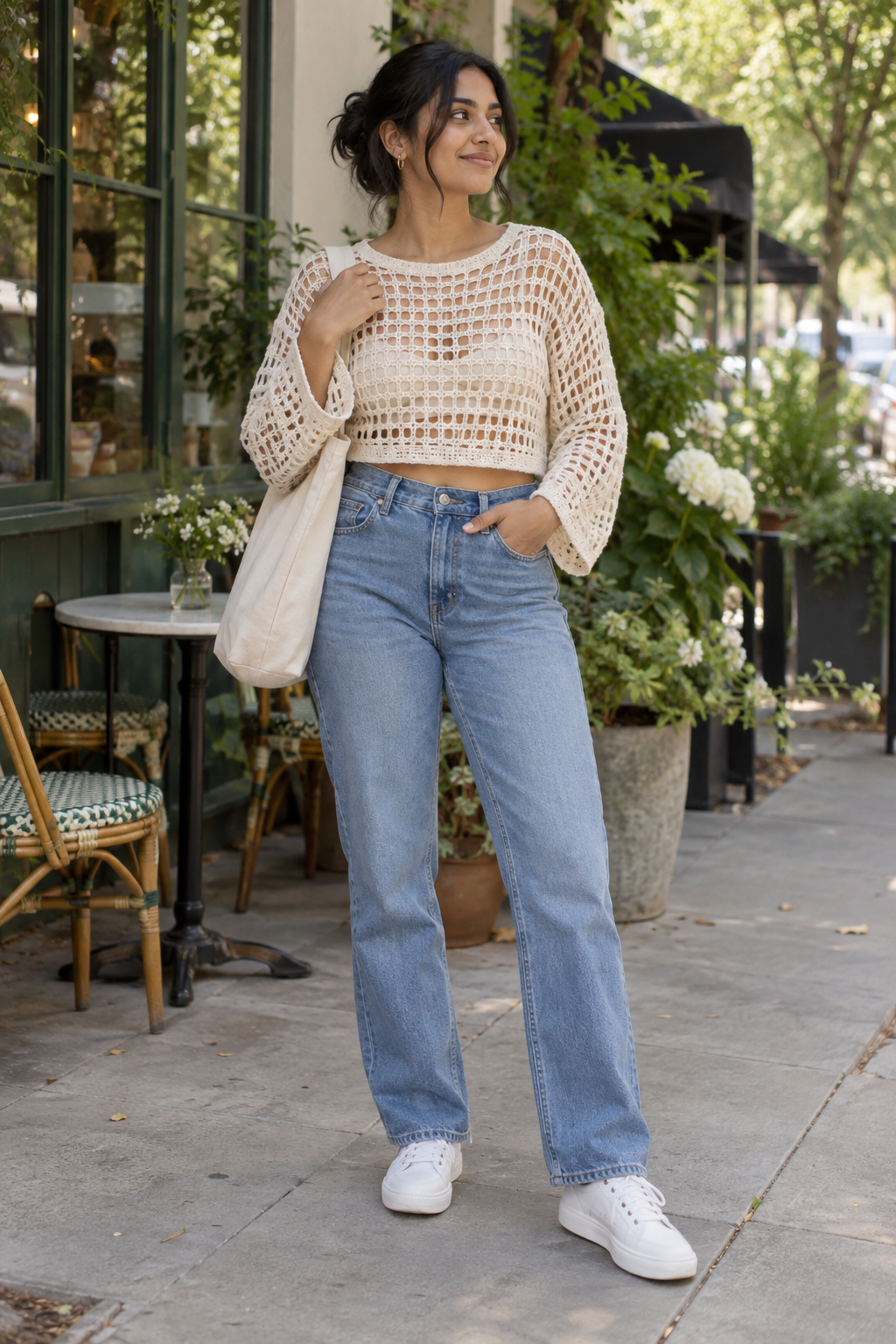 A woman stands on a sidewalk wearing a cream open-knit crop top, light blue straight-leg jeans, and white sneakers, holding a beige tote bag near an outdoor cafe.