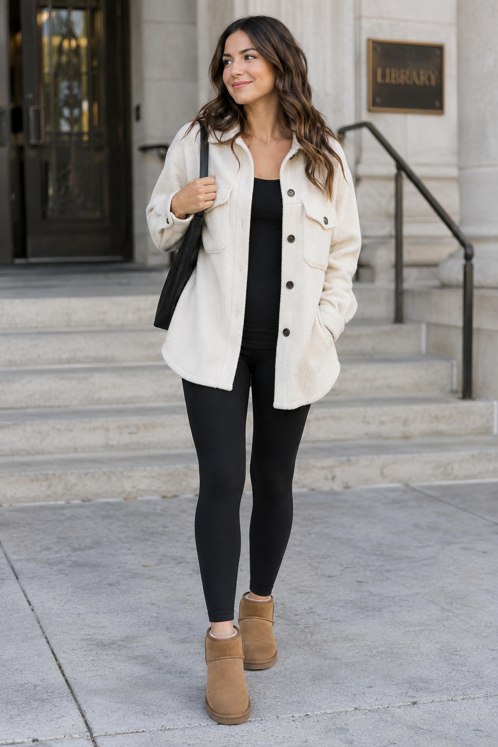 Woman in cream sherpa jacket, black leggings, and tan boots stands before stone steps. A bronze "LIBRARY" sign is visible on the building behind her.