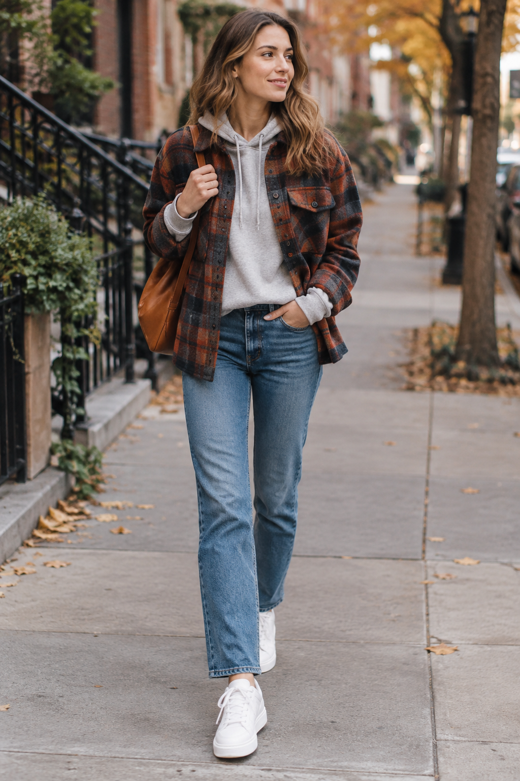 A woman walks on an autumn sidewalk wearing a rust and black plaid flannel over a grey hoodie, blue jeans, white sneakers, and carrying a brown leather shoulder bag.