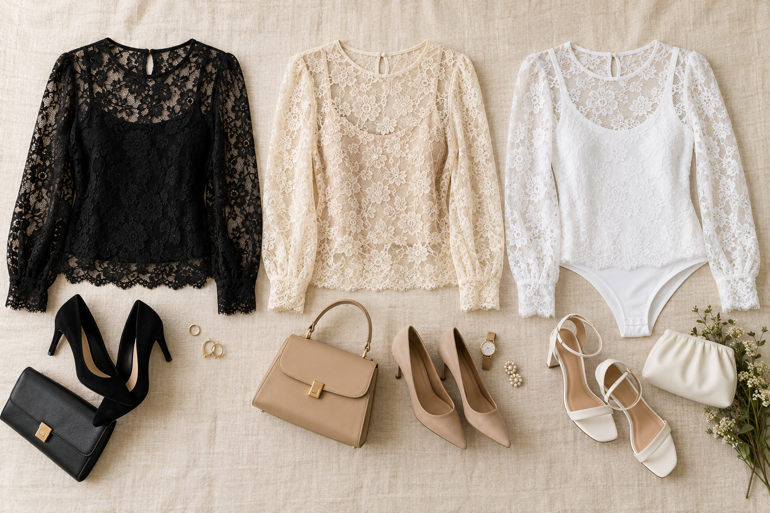 Three lace long-sleeve tops in black, beige, and white layered over matching bodysies. Accompanied by coordinating heels, handbags, jewelry, and a watch on a linen background.