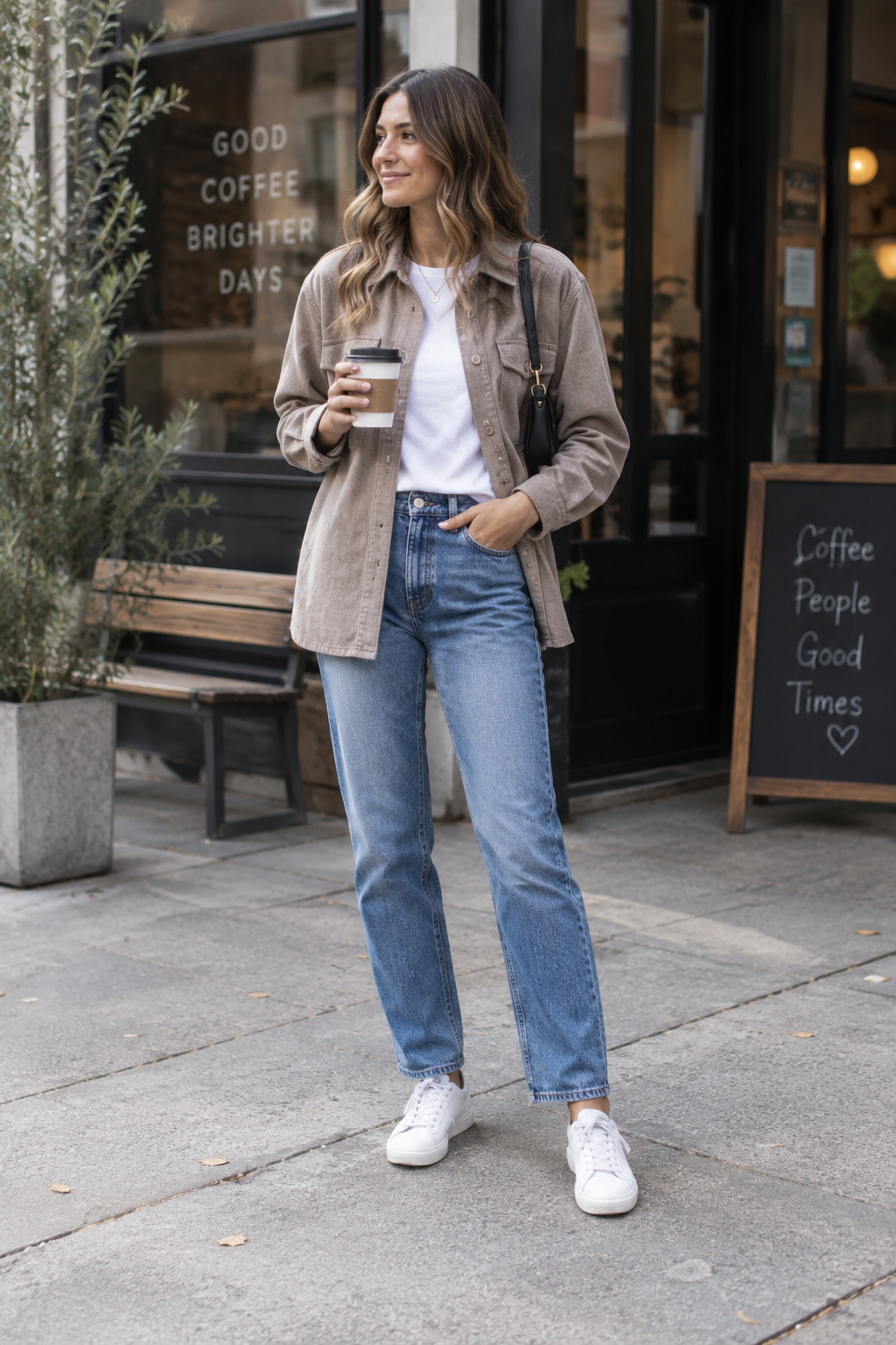 Woman in beige shirt, white tee, blue jeans, and white sneakers holds a coffee cup outside a cafe. Window text reads "GOOD COFFEE BRIGHTER DAYS," and a chalkboard sign says "Coffee People Good Times" with a heart.
