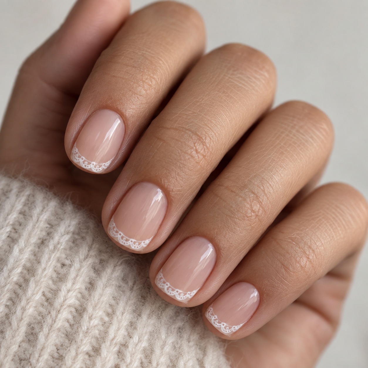 Close-up of a hand with nude pink nails featuring delicate white lace detailing at the tips, resting against a cream knit sweater.