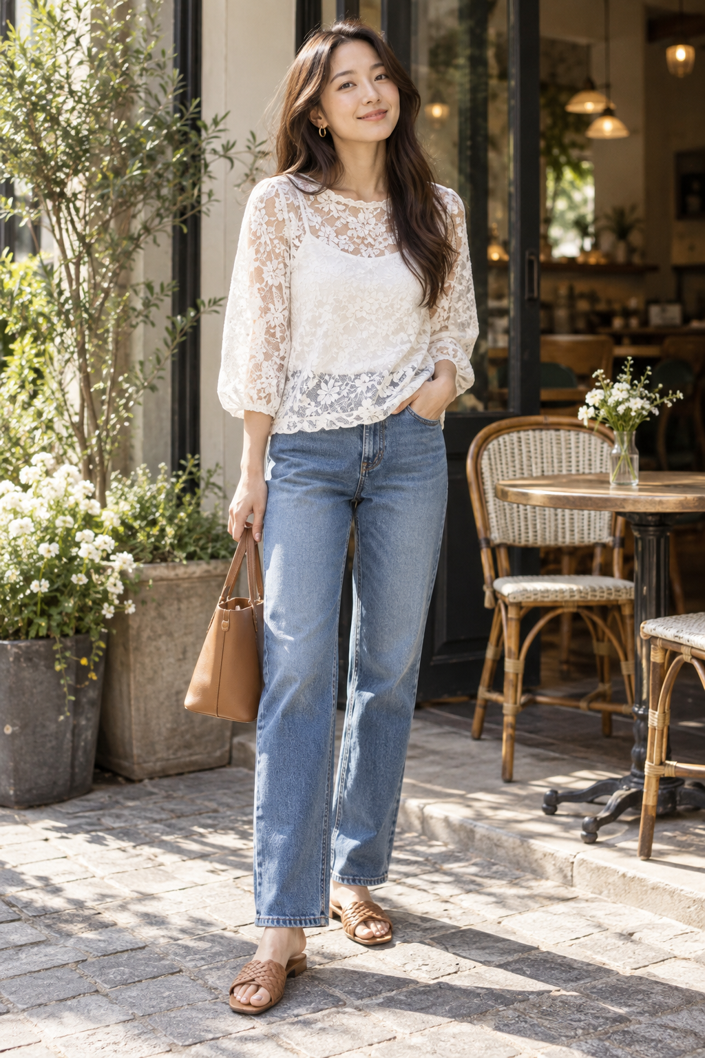 A woman stands on a cobblestone street wearing a white lace blouse, blue jeans, and brown woven sandals. She holds a tan leather handbag near a cafe entrance with potted plants and wicker chairs.