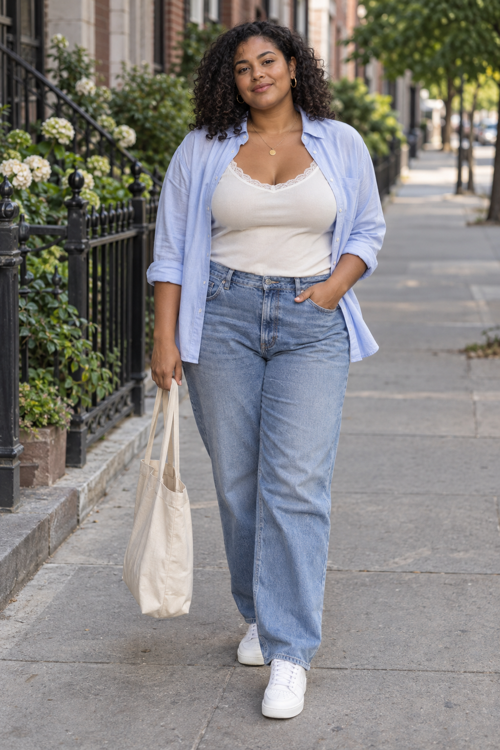 A woman with curly hair walks on a sidewalk wearing an open blue shirt over a white lace camisole, wide-leg jeans, and white sneakers, carrying a beige tote bag.