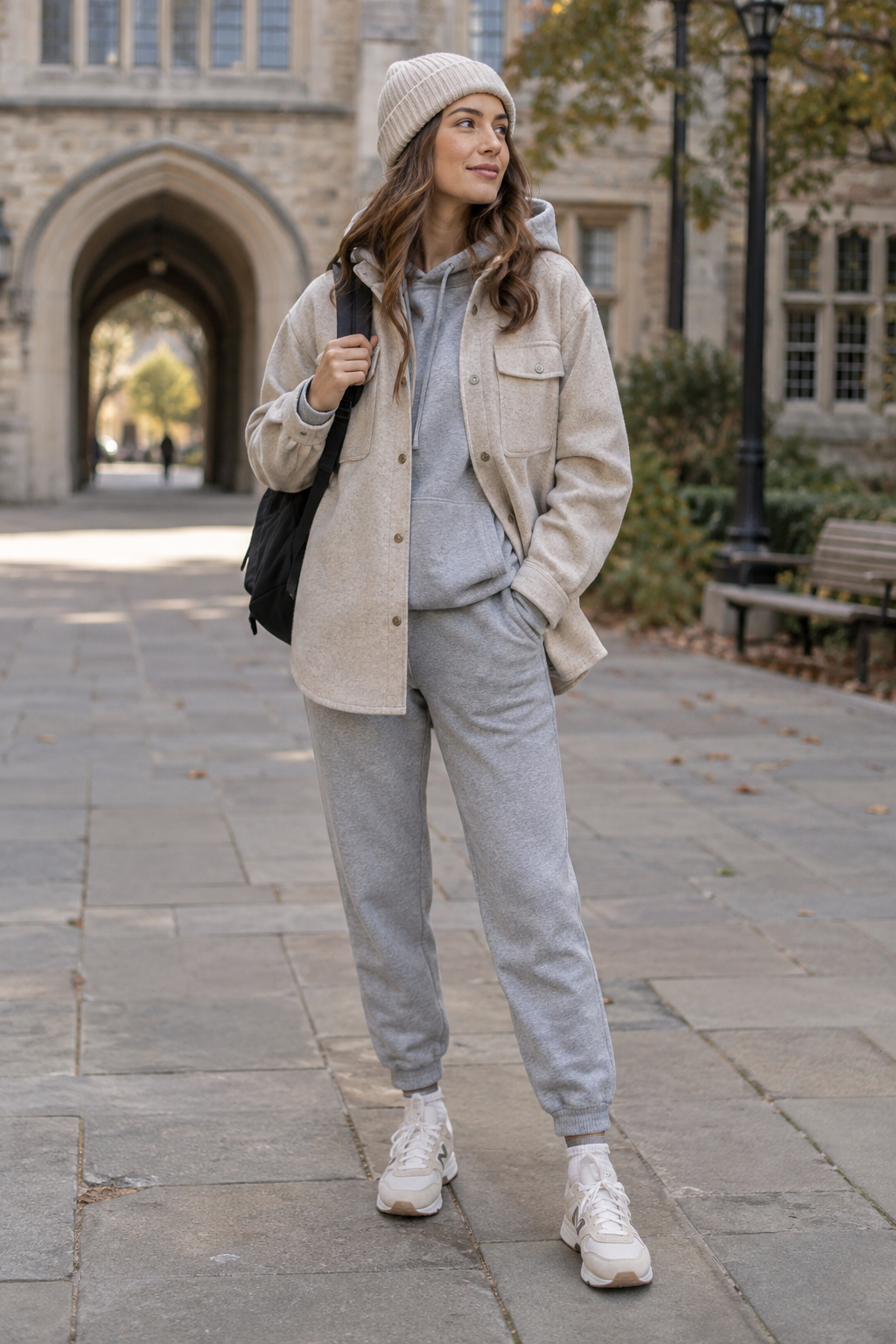 A woman in a beige beanie, grey sweatsuit, and cream jacket stands on a stone path holding a black backpack strap, with a stone archway in the background.