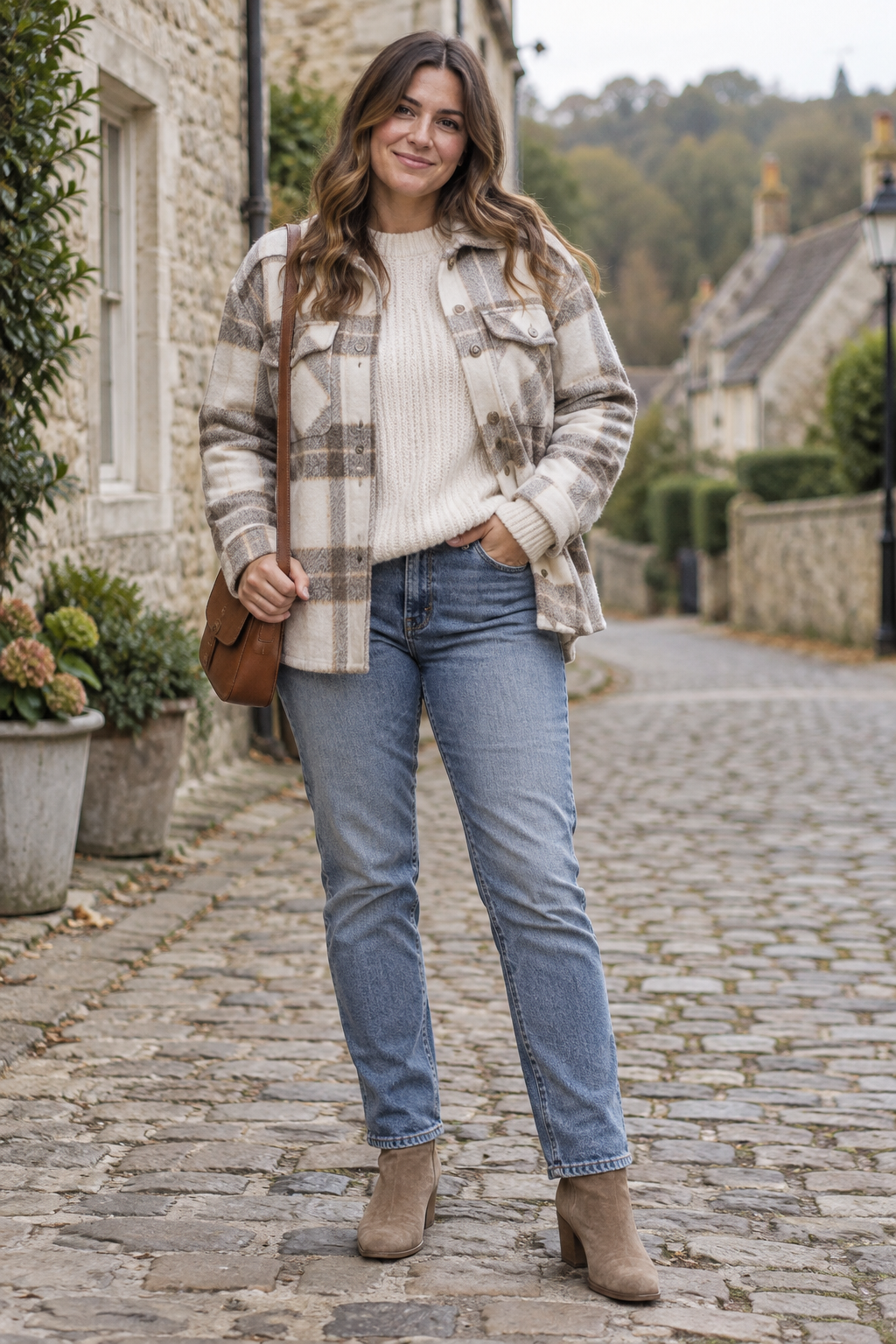Woman in a plaid jacket, cream sweater, blue jeans, and tan boots stands on a cobblestone street holding a brown crossbody bag.