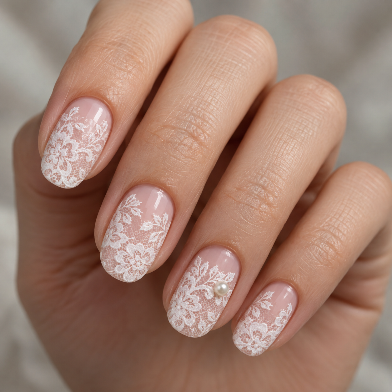 Blush nails with white lace and a single pearl on the ring finger.