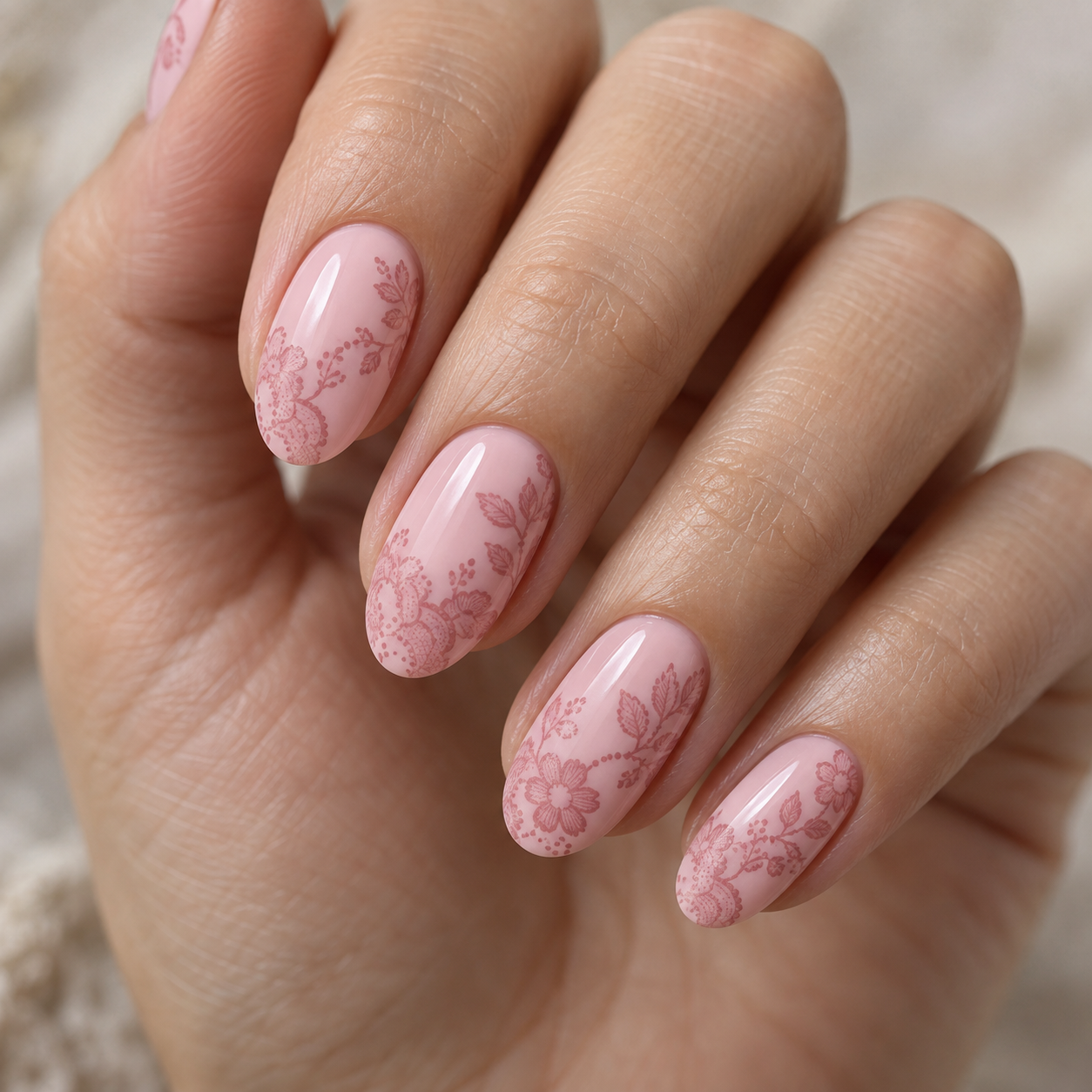 Pale pink nails decorated with darker dusty pink floral lace.