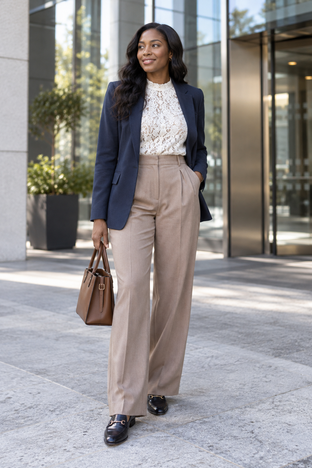 A woman in a navy blazer, white lace top, and beige wide-leg trousers stands outside an office building holding a brown leather handbag.