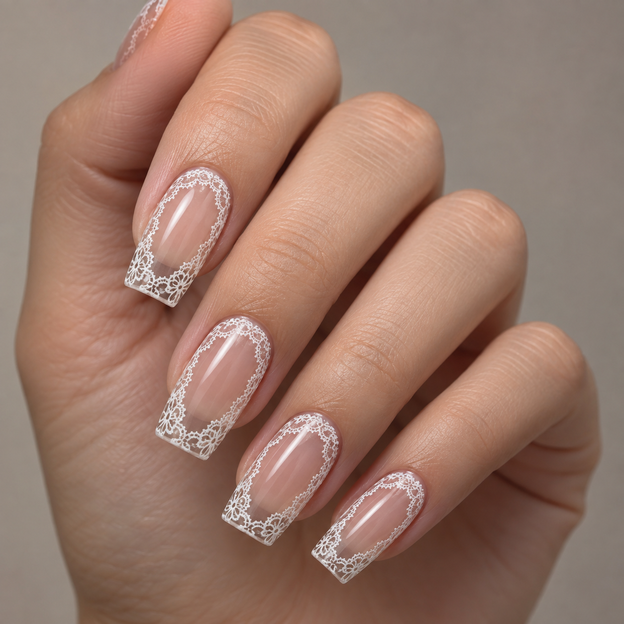 A hand with long, square nails featuring a nude base and intricate white lace pattern framing the tips and sides against a neutral background.