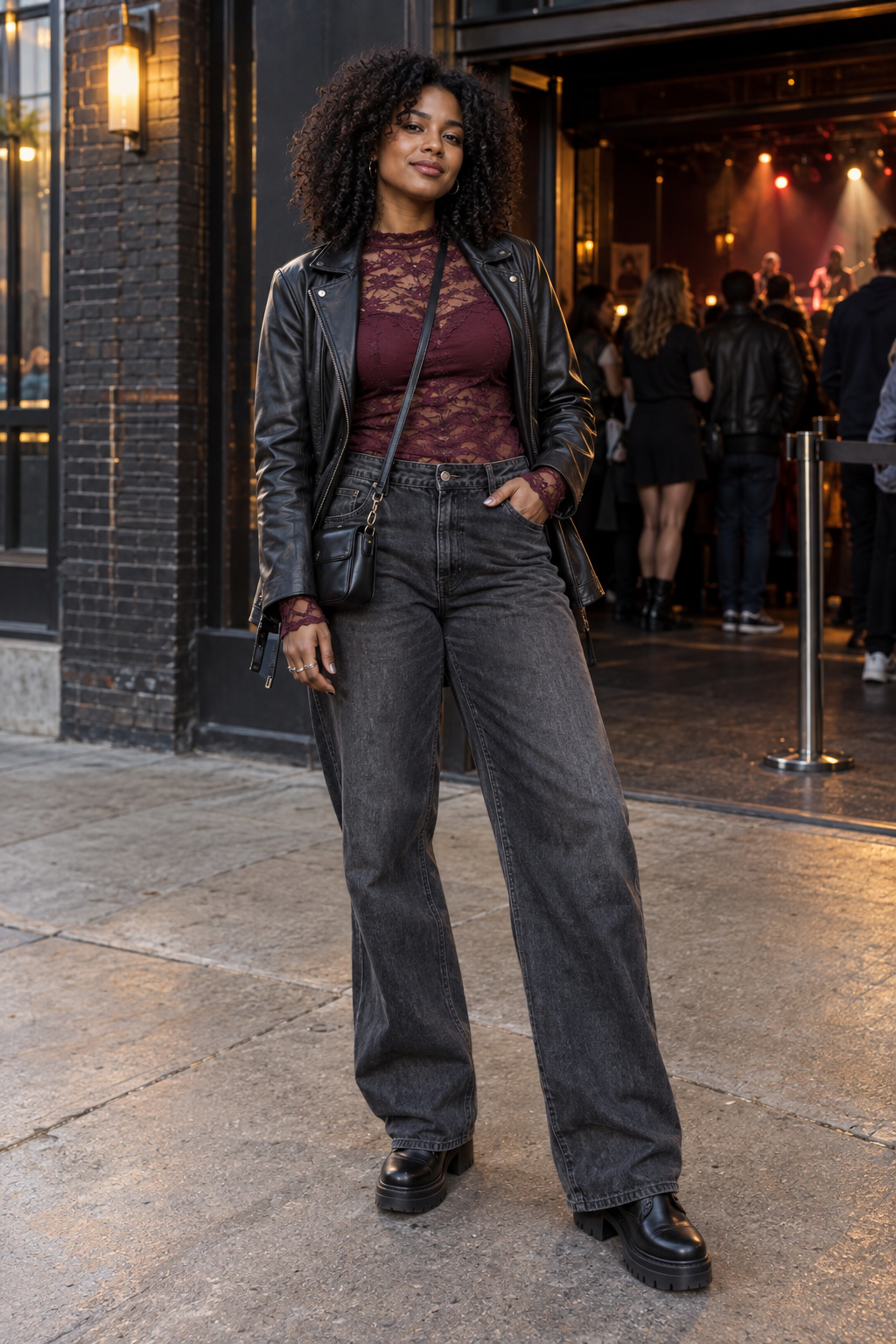A woman with curly hair wears a black leather jacket, maroon lace top, wide-leg grey jeans, and chunky black boots. She carries a small crossbody bag outside a venue with people inside.