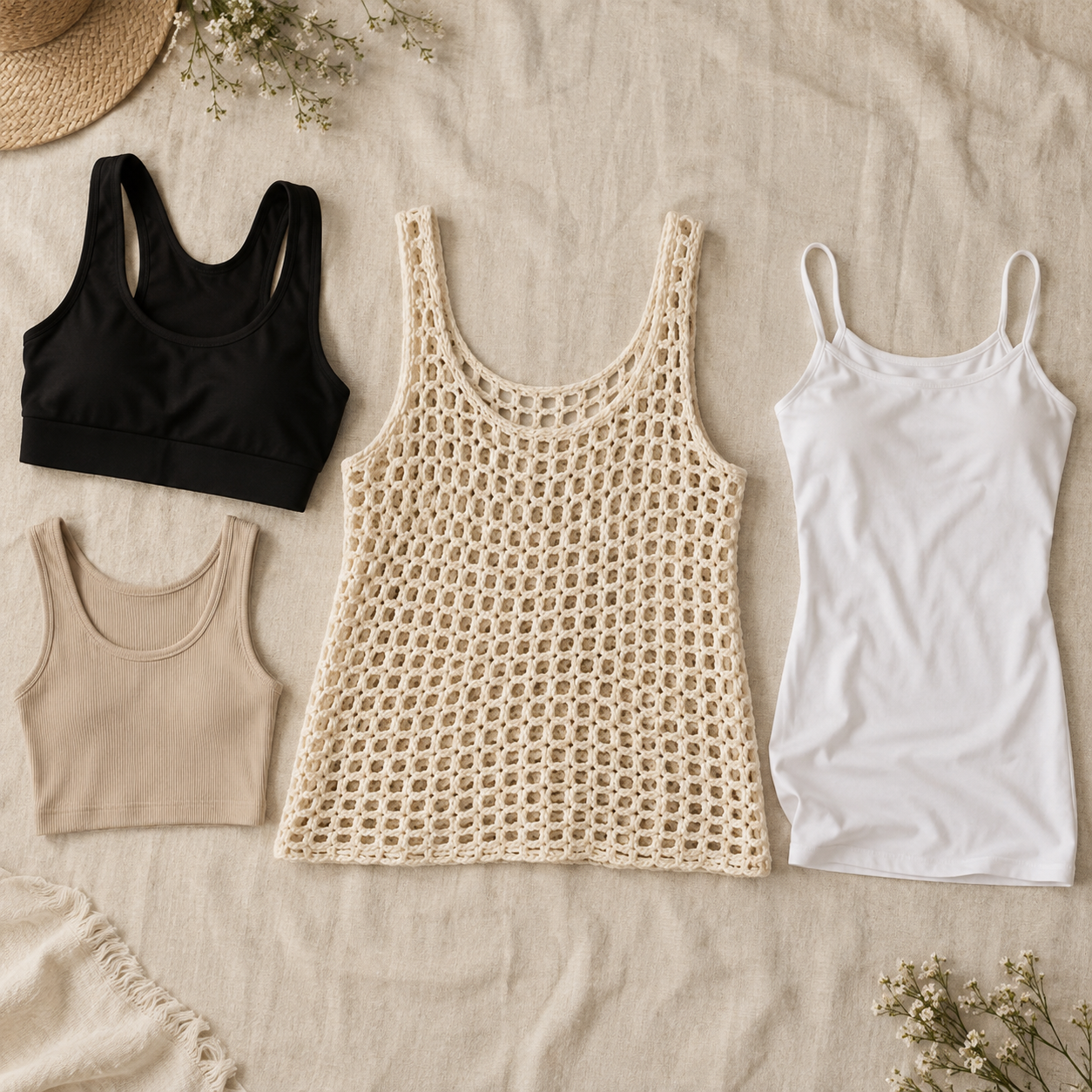 Flat lay of a black sports bra, beige ribbed crop top, cream crochet tank, and white spaghetti strap camisole on linen with flowers.