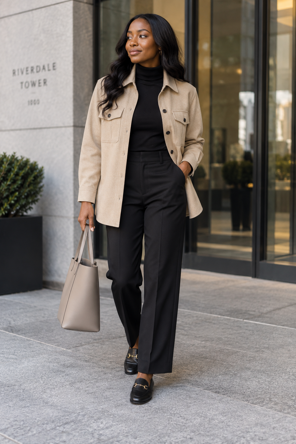 A woman in a beige jacket, black turtleneck, and trousers carries a taupe tote outside Riverdale Tower. She wears black loafers with gold hardware.