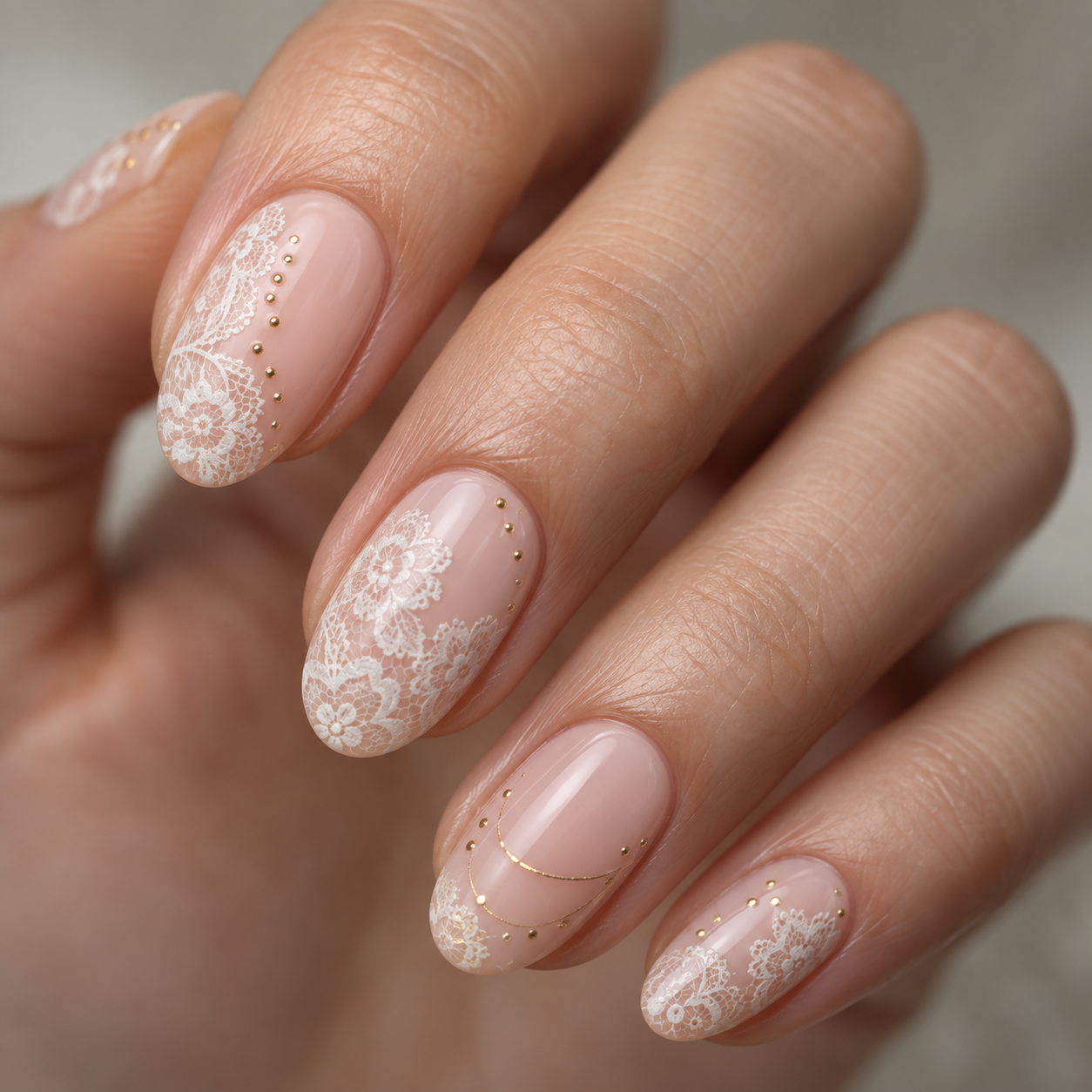 Nude nails feature white lace floral patterns and gold bead accents. One nail includes a delicate gold curved line, creating an elegant bridal manicure design.