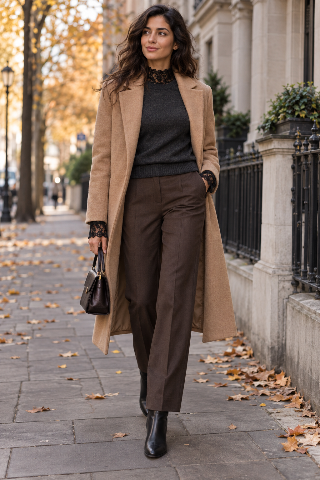 A woman walks on an autumn sidewalk wearing a camel coat, dark grey sweater with lace collar and cuffs, brown trousers, and black boots, carrying a small dark handbag.