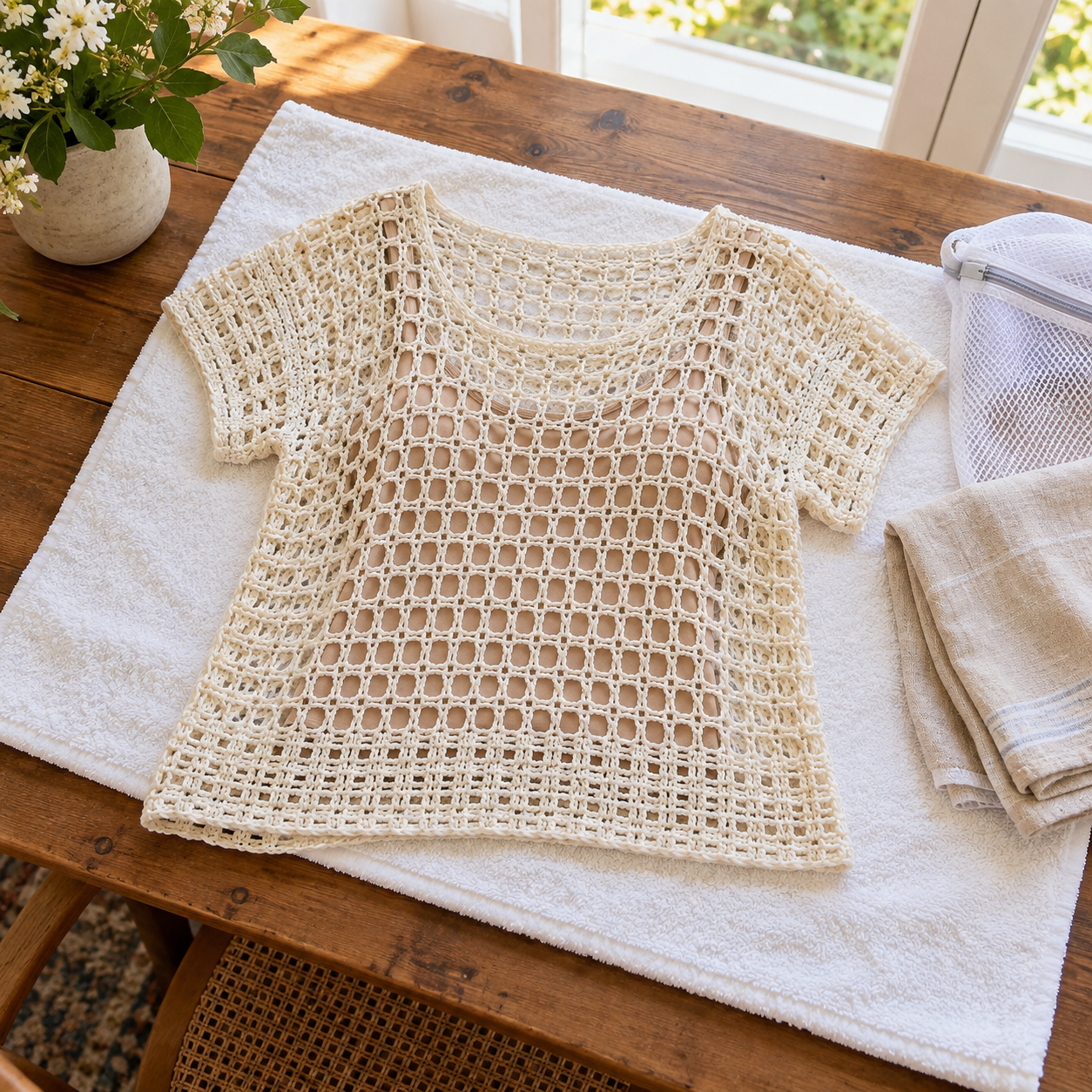 Cream open-weave knit short-sleeve top laid on a white towel. A mesh laundry bag, folded linen cloth, and vase of white flowers sit nearby on a wooden table.
