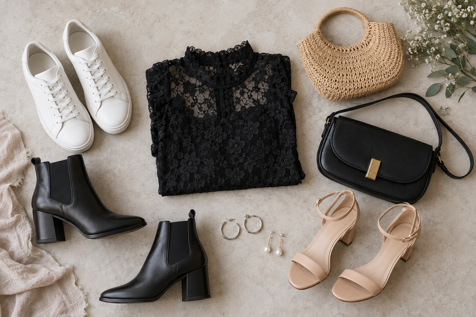 Flat lay of fashion items: white sneakers, black lace top, woven bag, black crossbody, black boots, nude heels, and silver jewelry on stone.