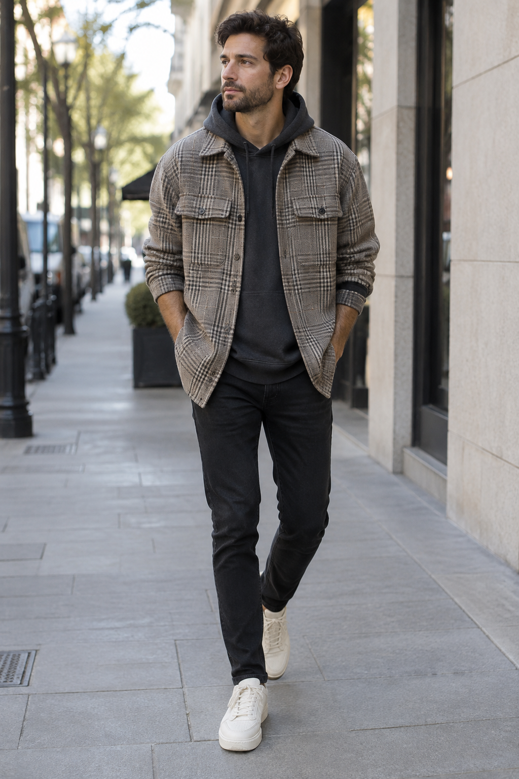 A man with dark hair and beard walks on a city sidewalk wearing a brown plaid jacket over a grey hoodie, black jeans, and white sneakers, with hands in pockets.