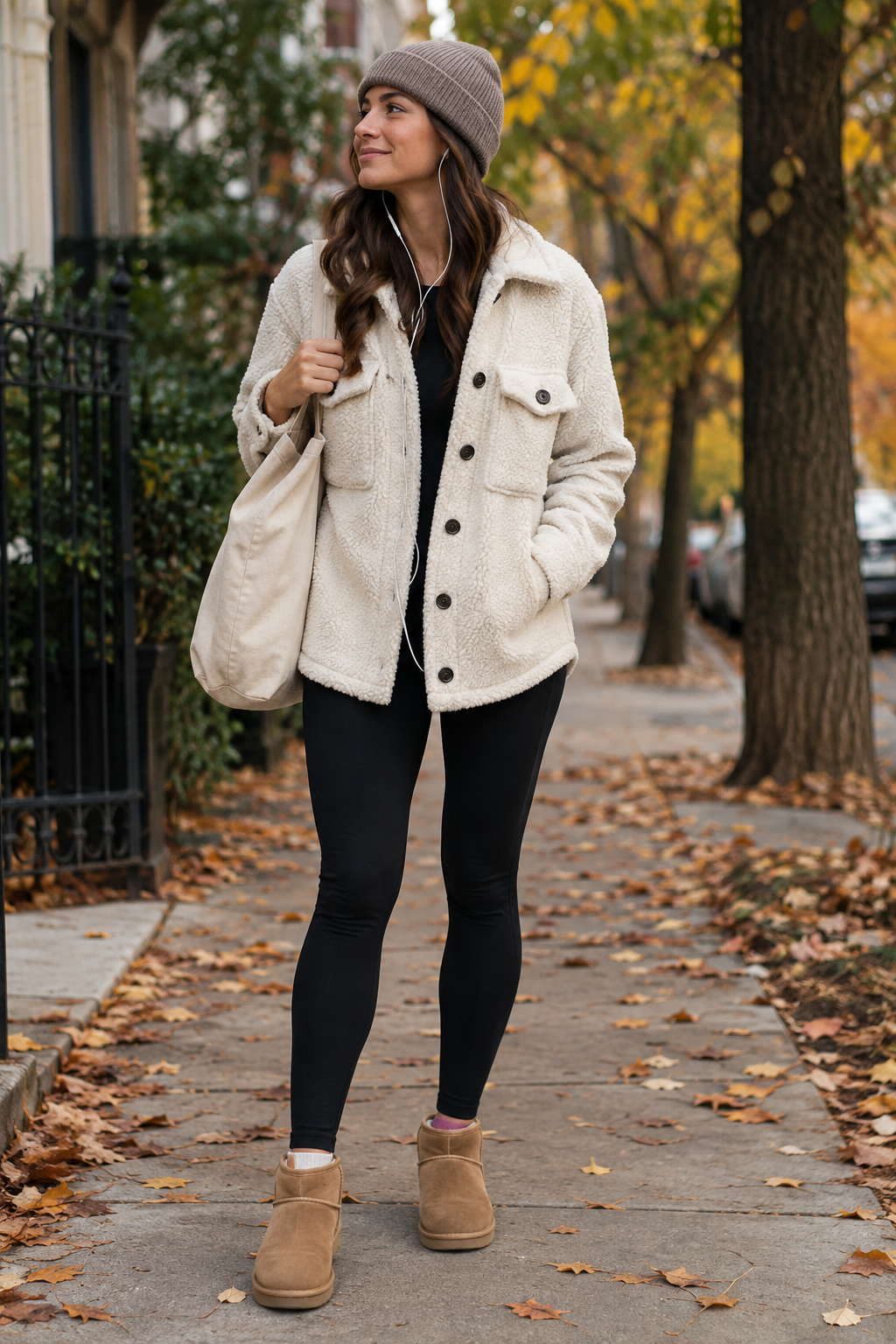 Woman in cream sherpa jacket, black leggings, tan boots, and beanie walks on leaf-strewn sidewalk with tote bag and earphones.