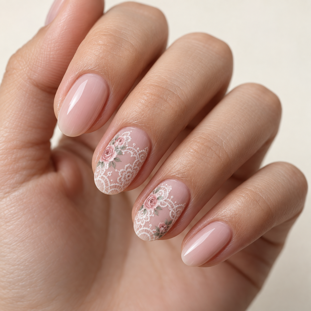 Hand with glossy nude nails; middle and ring fingers feature delicate white lace overlays and small pink rose illustrations.