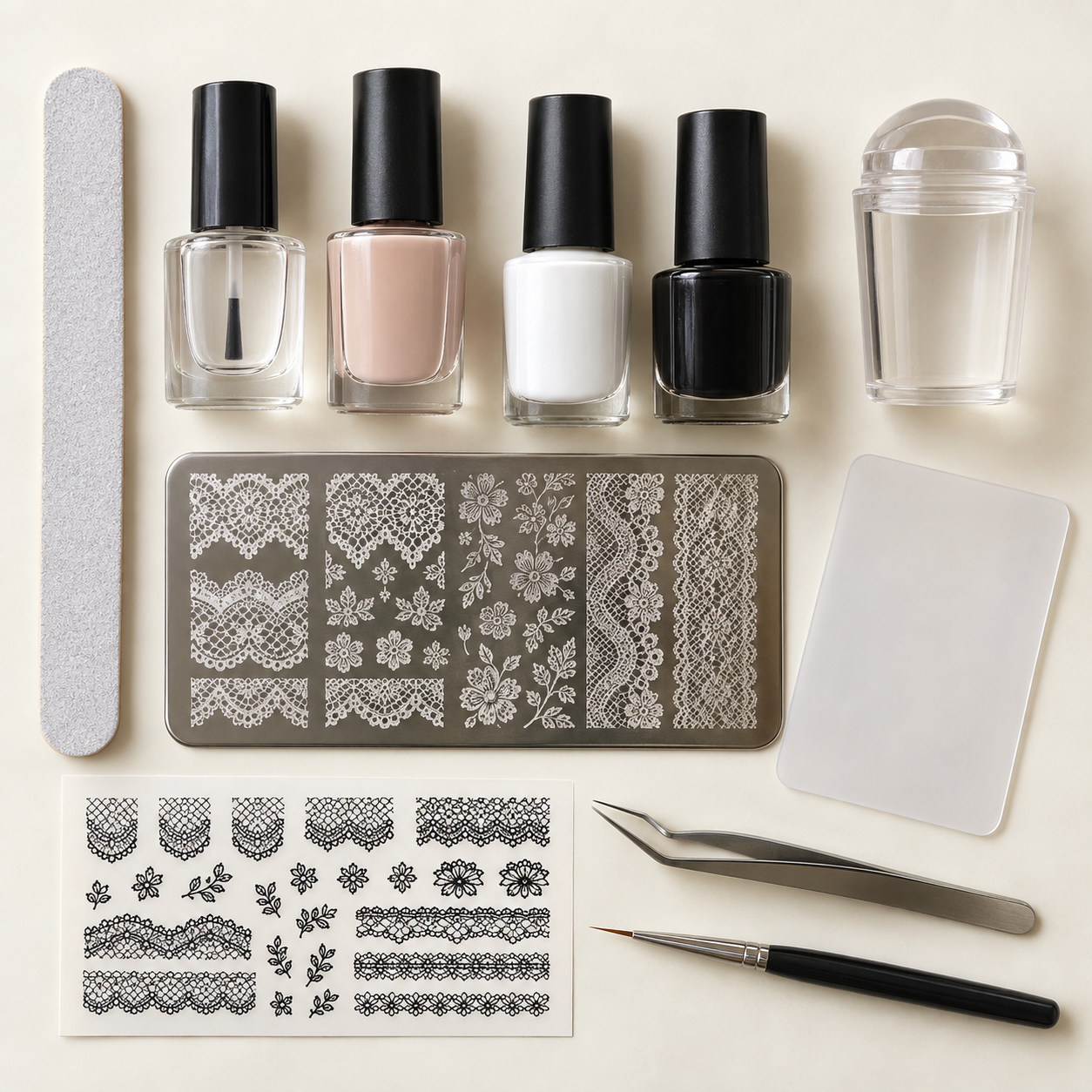 Lace nail art tools including polish, stamping plate, silicone stamper, decals, file, scraper, tweezers and brush.