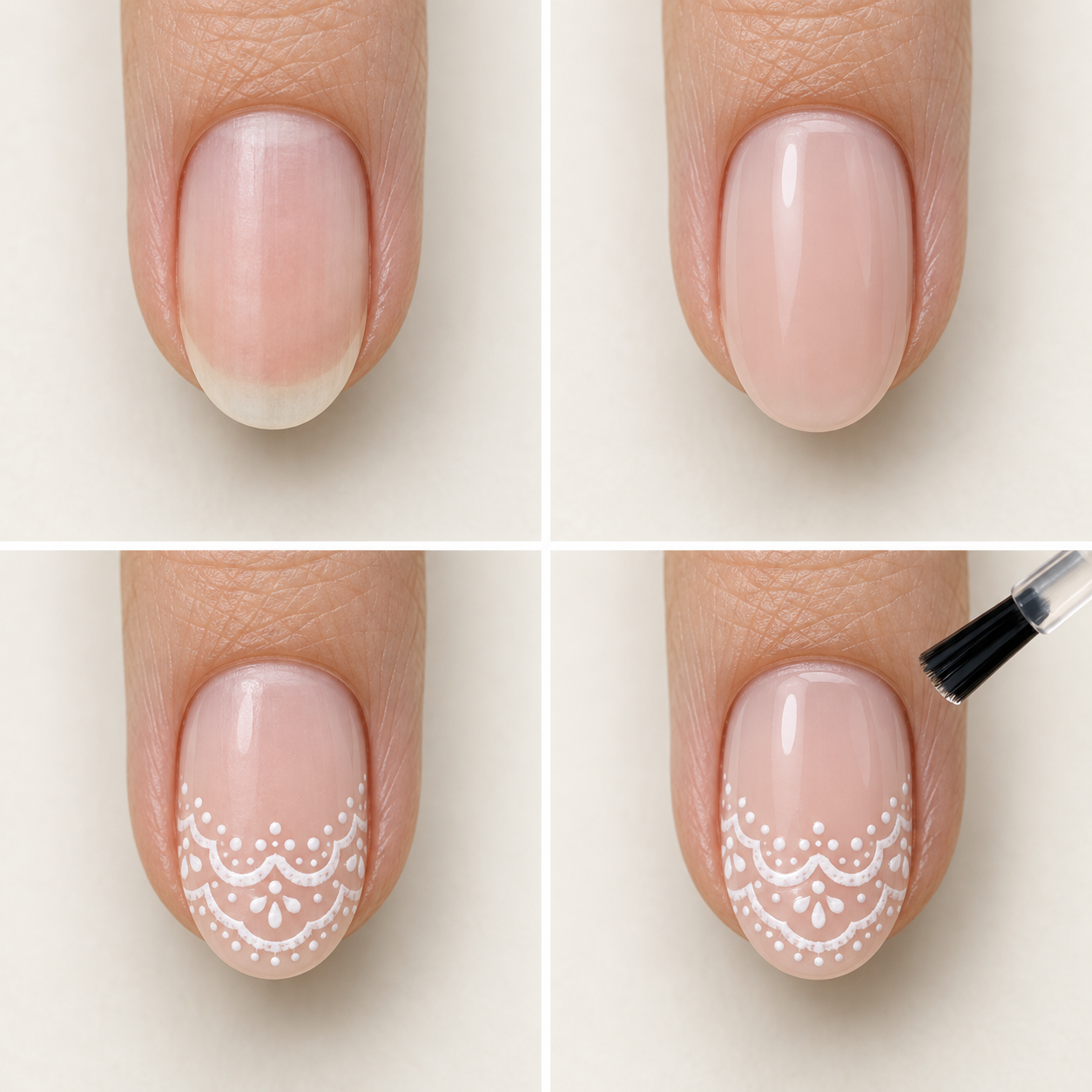 Four-step nail art guide: bare nail, nude base coat, white lace pattern application, and final top coat brush.