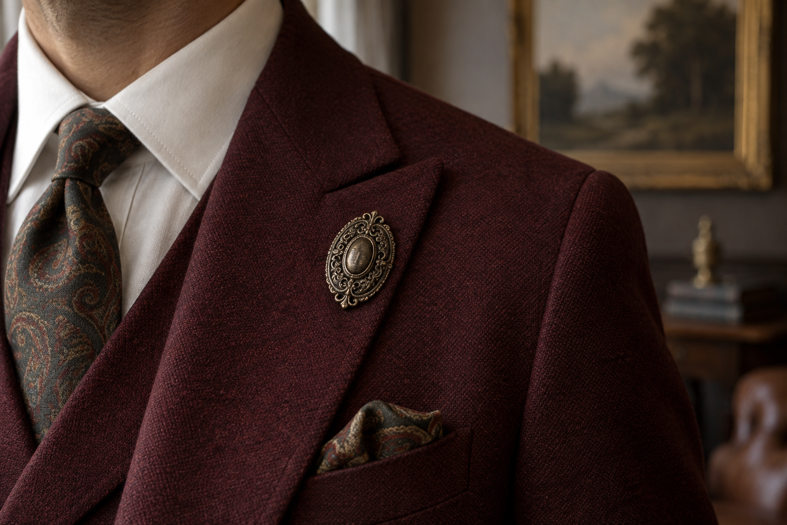 Antique bronze oval brooch on a wide burgundy lapel.