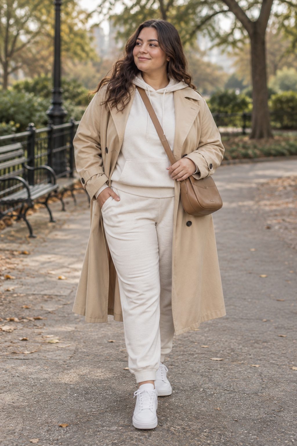 A woman walks in a park wearing a beige trench coat over a cream sweatsuit and white sneakers, carrying a brown crossbody bag.