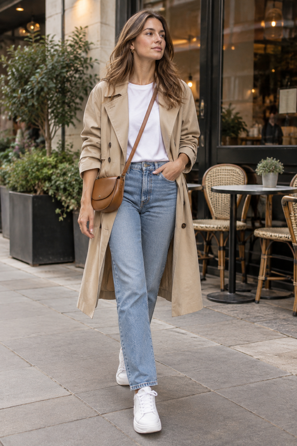 Woman walking on a sidewalk wearing a beige trench coat, white t-shirt, blue jeans, and white sneakers. She carries a brown leather crossbody bag, with cafe seating visible in the background.