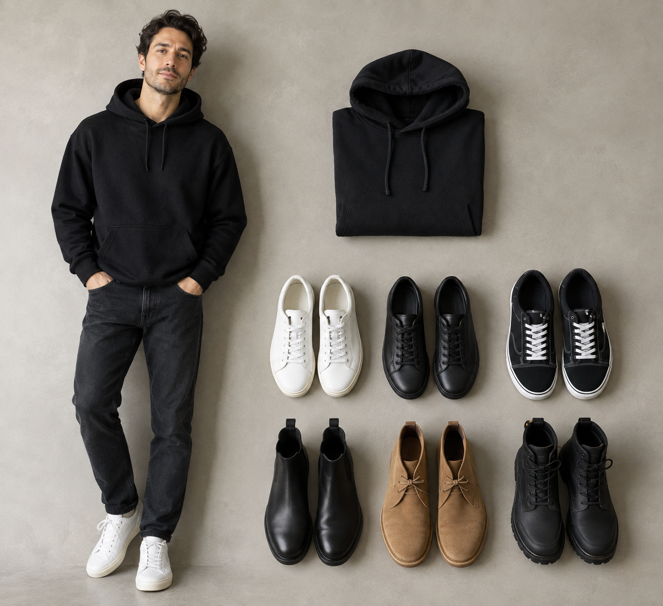 Man in black hoodie and jeans stands beside a folded black hoodie and six shoe pairs: white sneakers, black leather shoes, black canvas sneakers, black boots, tan chukka boots, and black combat boots.