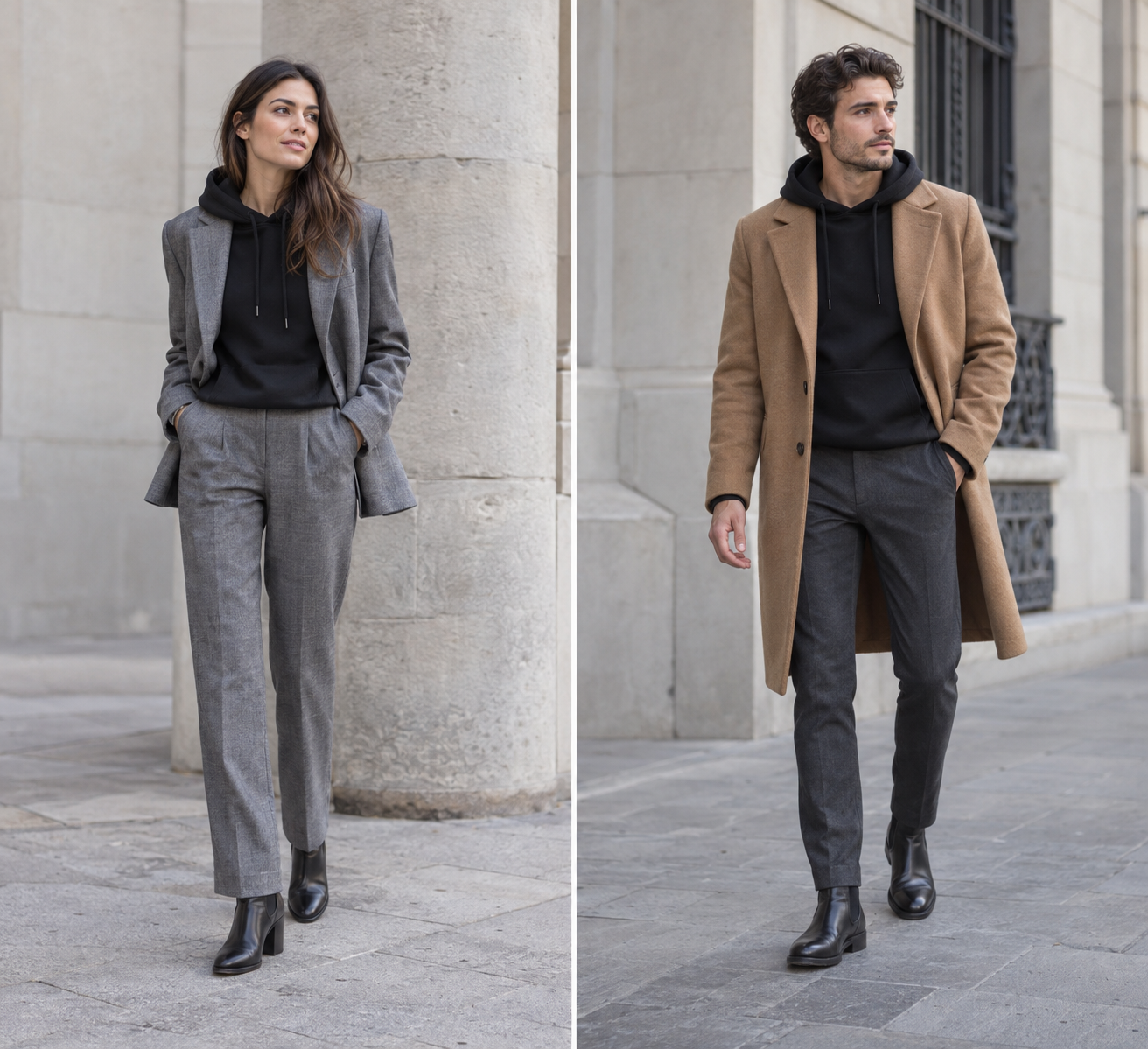 Woman in grey suit and black hoodie stands by a column; man in camel coat, dark trousers, and black hoodie walks nearby. Both wear black boots.