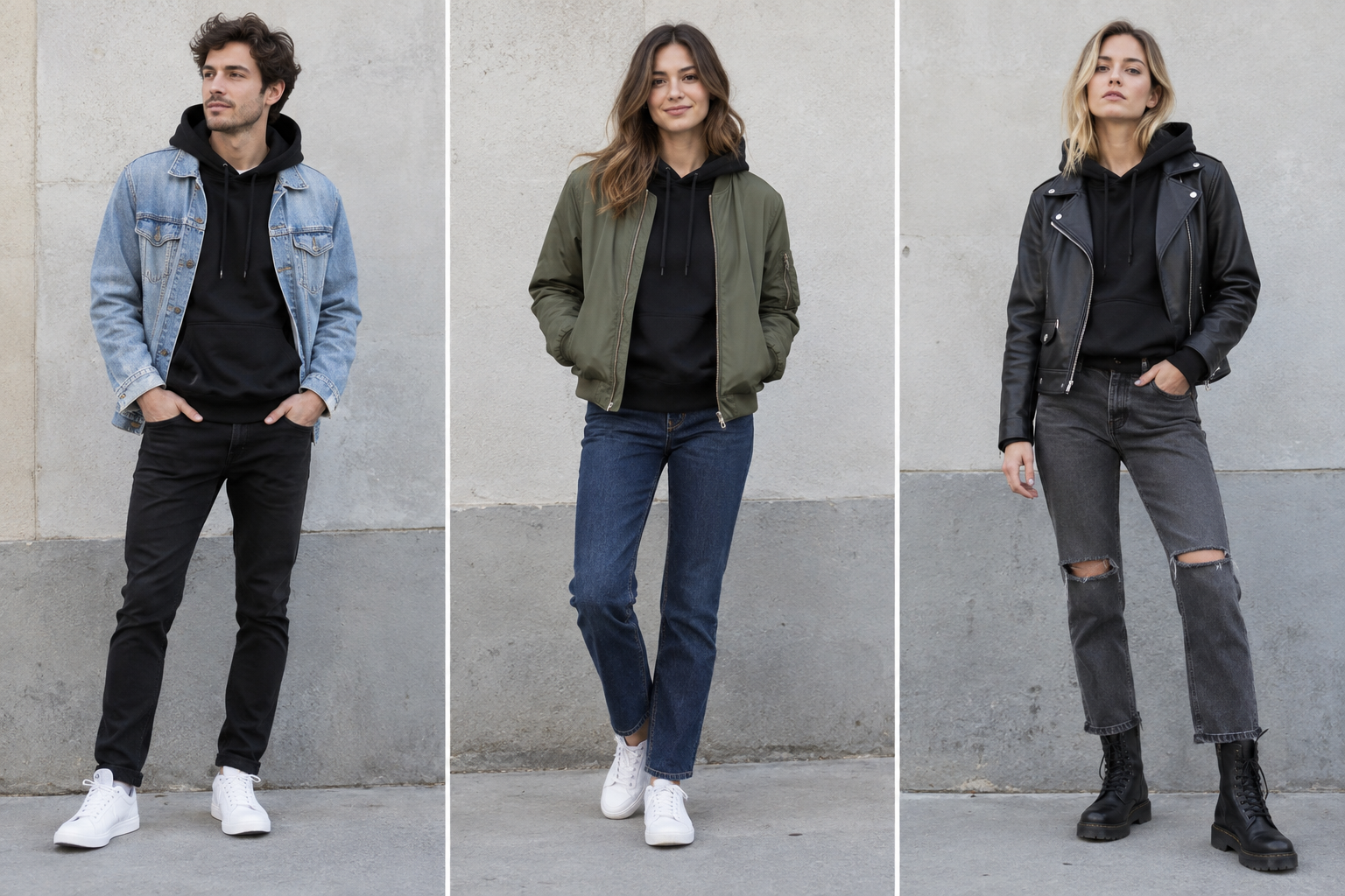 A man in a denim jacket and black jeans, a woman in an olive bomber jacket and blue jeans, and a woman in a leather jacket with ripped grey jeans, all styling black hoodies.