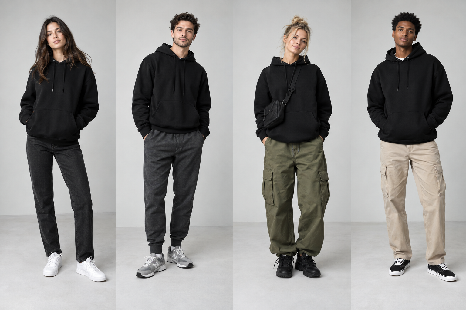 Four models display black hoodies paired with different bottoms: dark jeans, grey sweatpants, olive cargo pants with a crossbody bag, and beige cargo pants.