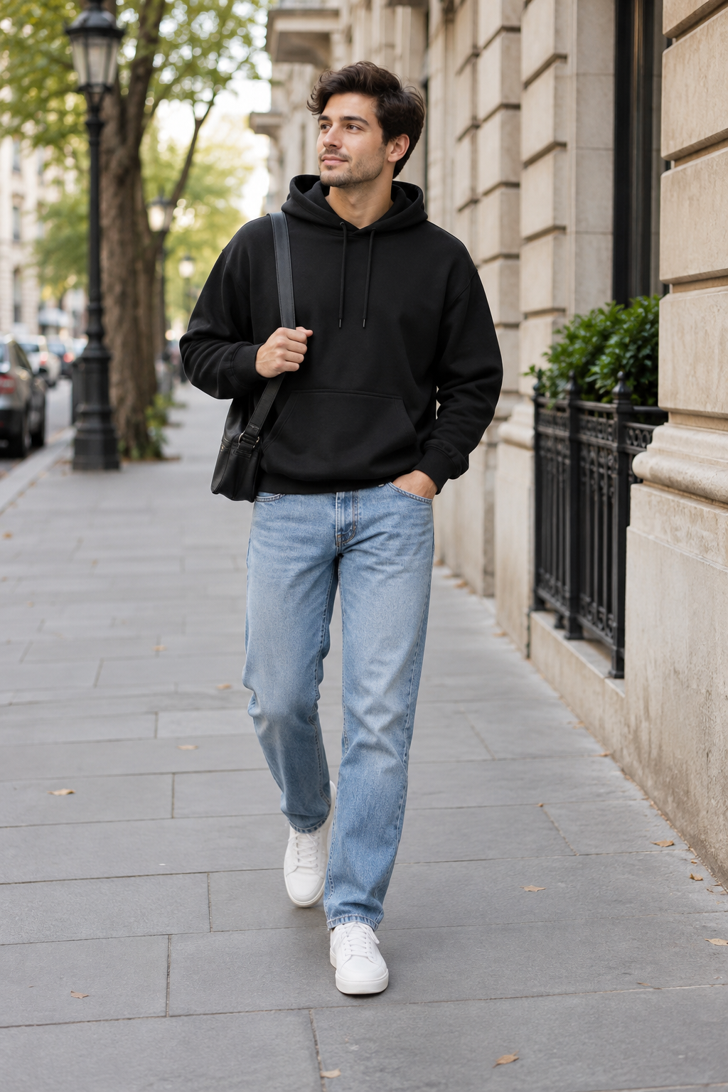 A man walks down a city sidewalk wearing a black hoodie, light blue jeans, and white sneakers. He carries a black shoulder bag with one hand in his pocket.