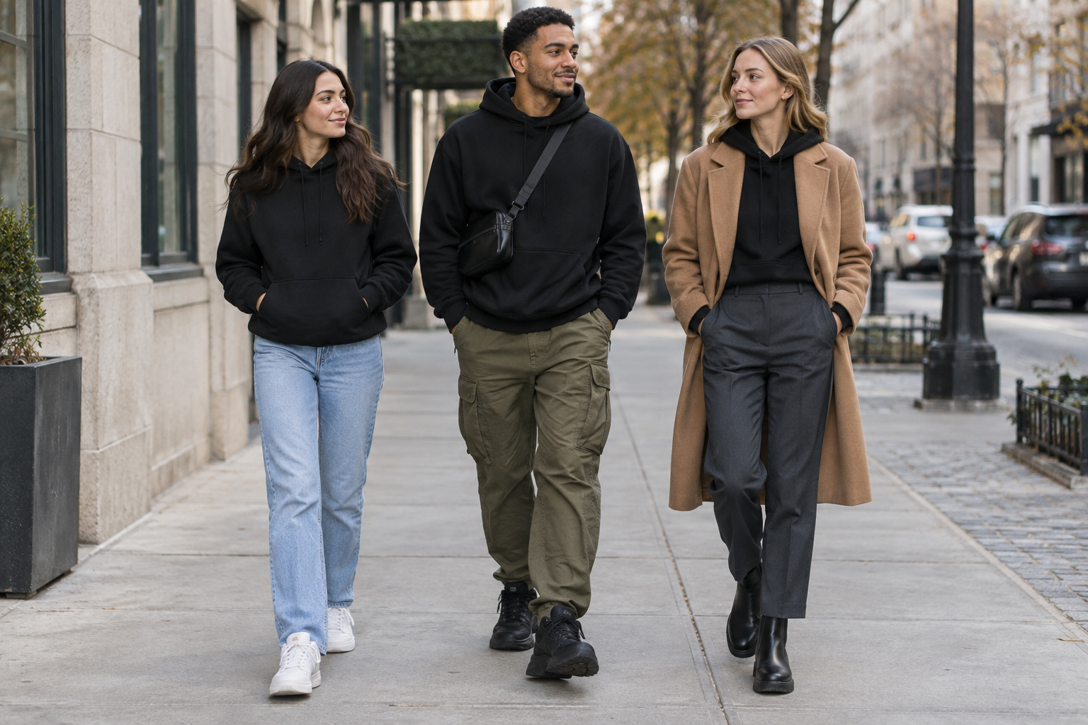 Three people walk on a city sidewalk wearing black hoodies. The woman on the left wears jeans and white sneakers. The man in the center wears olive cargo pants and a crossbody bag. The woman on the right wears a camel coat, grey trousers, and black boots.