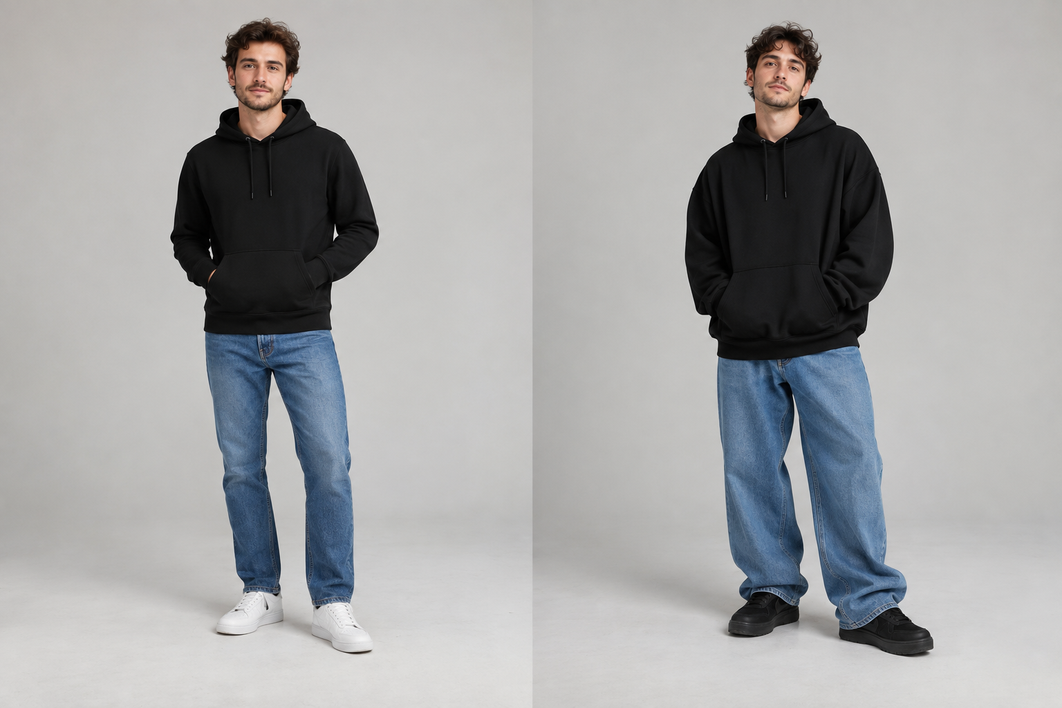 A man models a black hoodie with straight-leg blue jeans and white sneakers on the left, and an oversized fit with wide-leg jeans and black sneakers on the right.