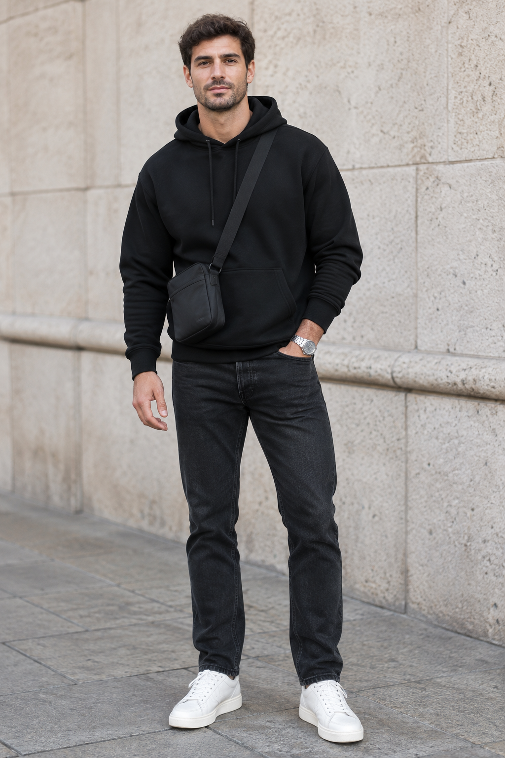 A man stands against a stone wall wearing a black hoodie, dark jeans, white sneakers, and a black crossbody bag. His left hand is in his pocket, revealing a silver watch.