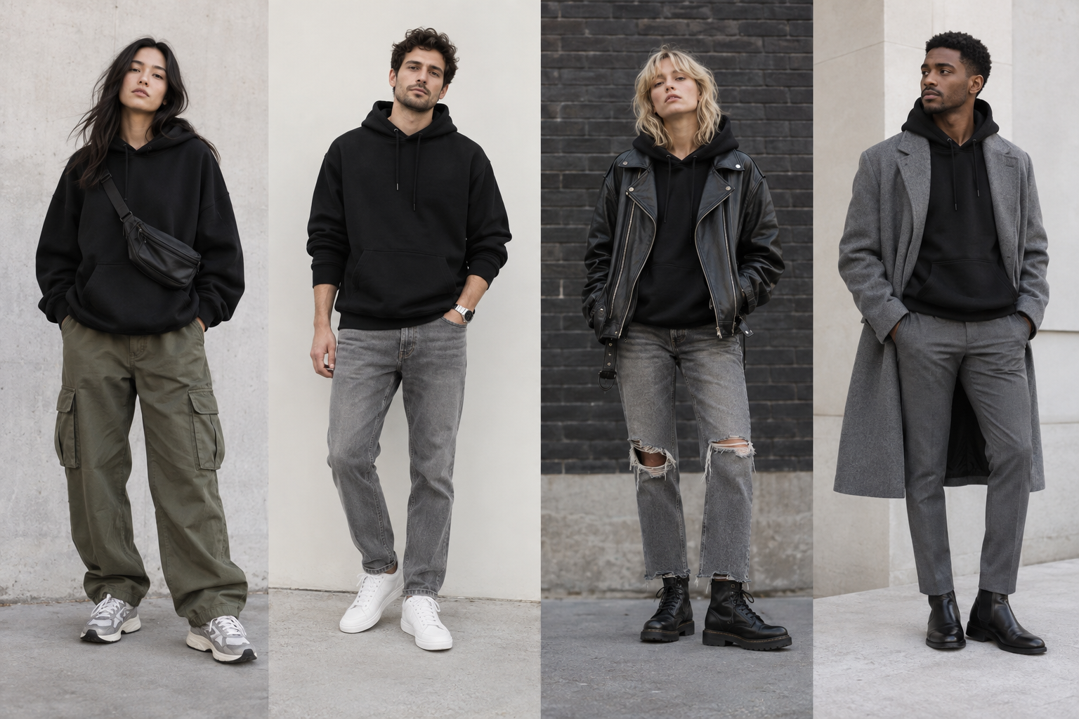 Four models showcase black hoodies styled differently: with cargo pants and fanny pack, grey jeans, leather jacket and ripped jeans, and a long grey coat with suit trousers.