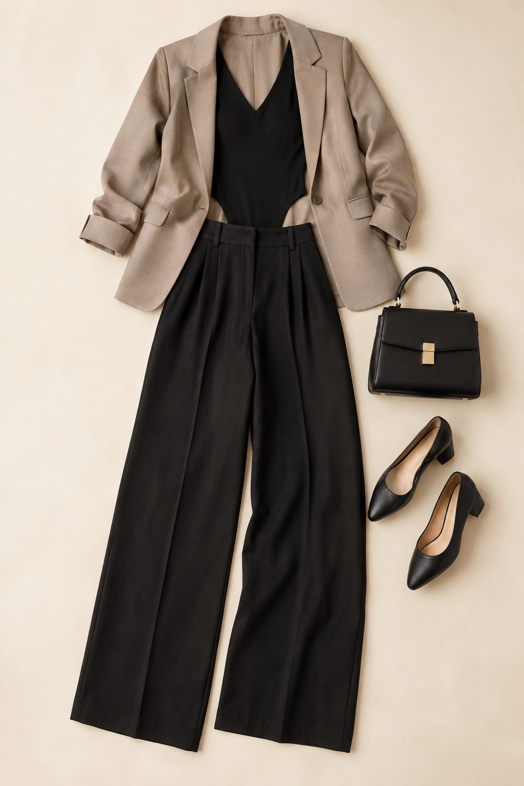 A flat lay of a black bodysuit, wide-leg trousers, and beige blazer paired with a black handbag featuring a gold clasp and black block-heel pumps.