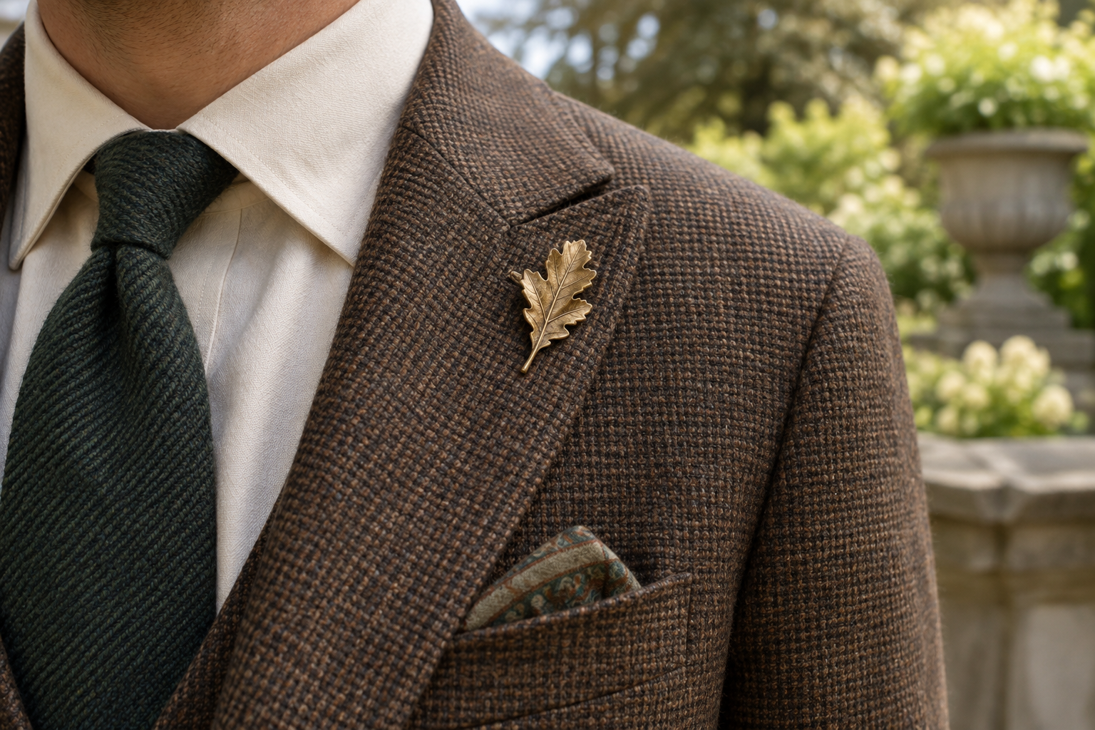 Brass leaf brooch on brown tweed with a cream shirt.