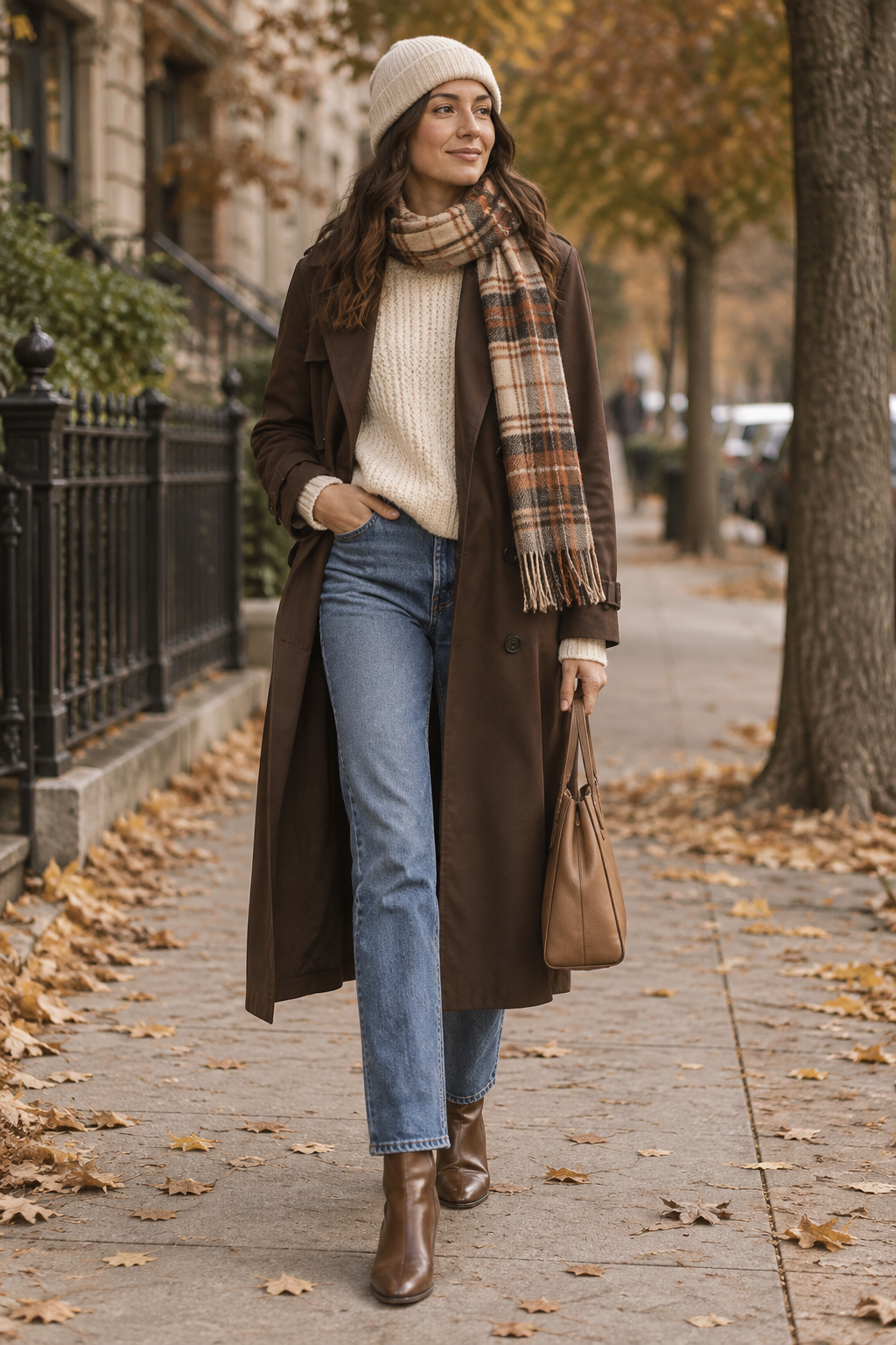Woman walking on a leaf-strewn sidewalk wearing a brown trench coat, cream beanie, plaid scarf, blue jeans, and brown boots while carrying a tan leather handbag.