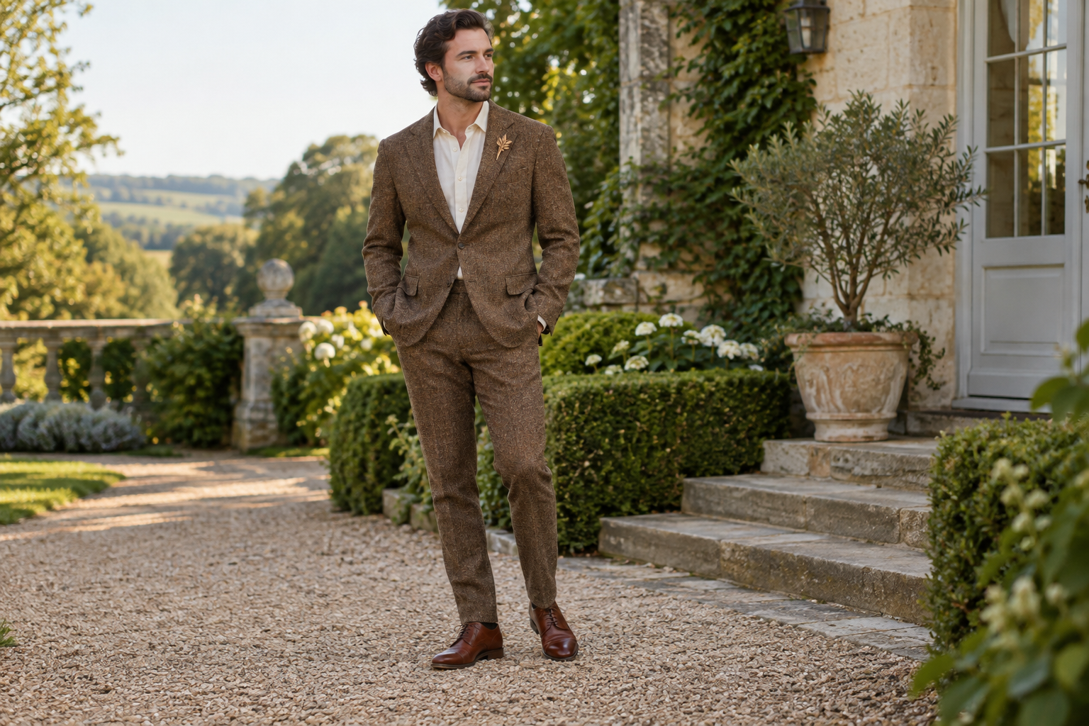 Brown tweed suit and cream shirt with a brass leaf brooch.