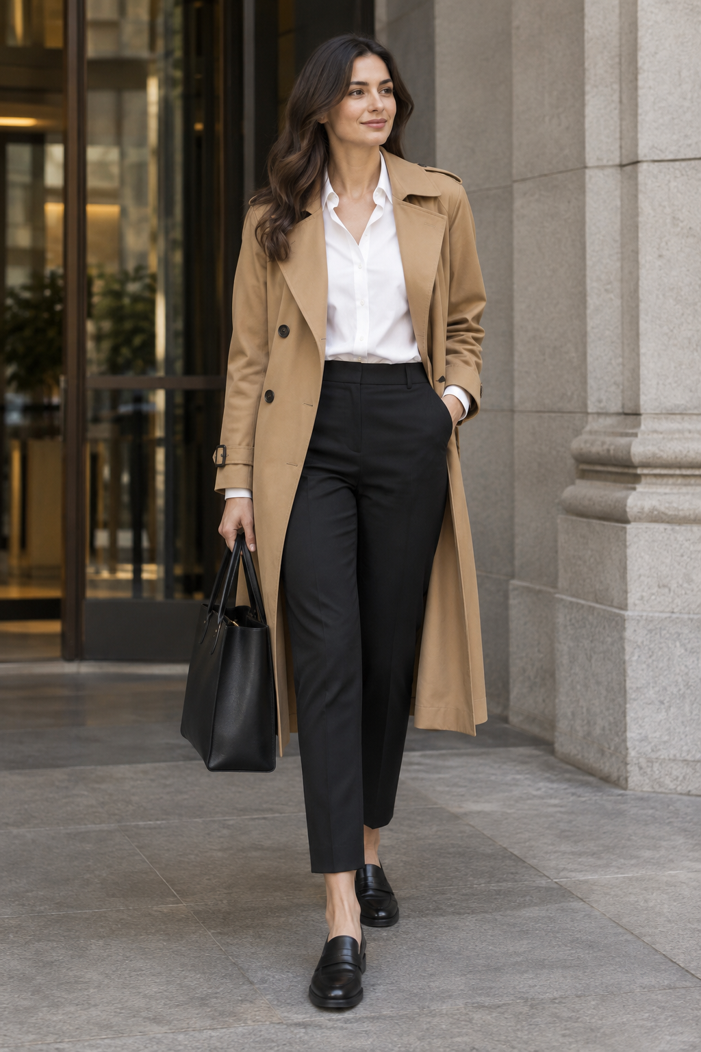 A woman in a tan trench coat, white shirt, black trousers, and loafers walks outside carrying a large black leather tote bag.