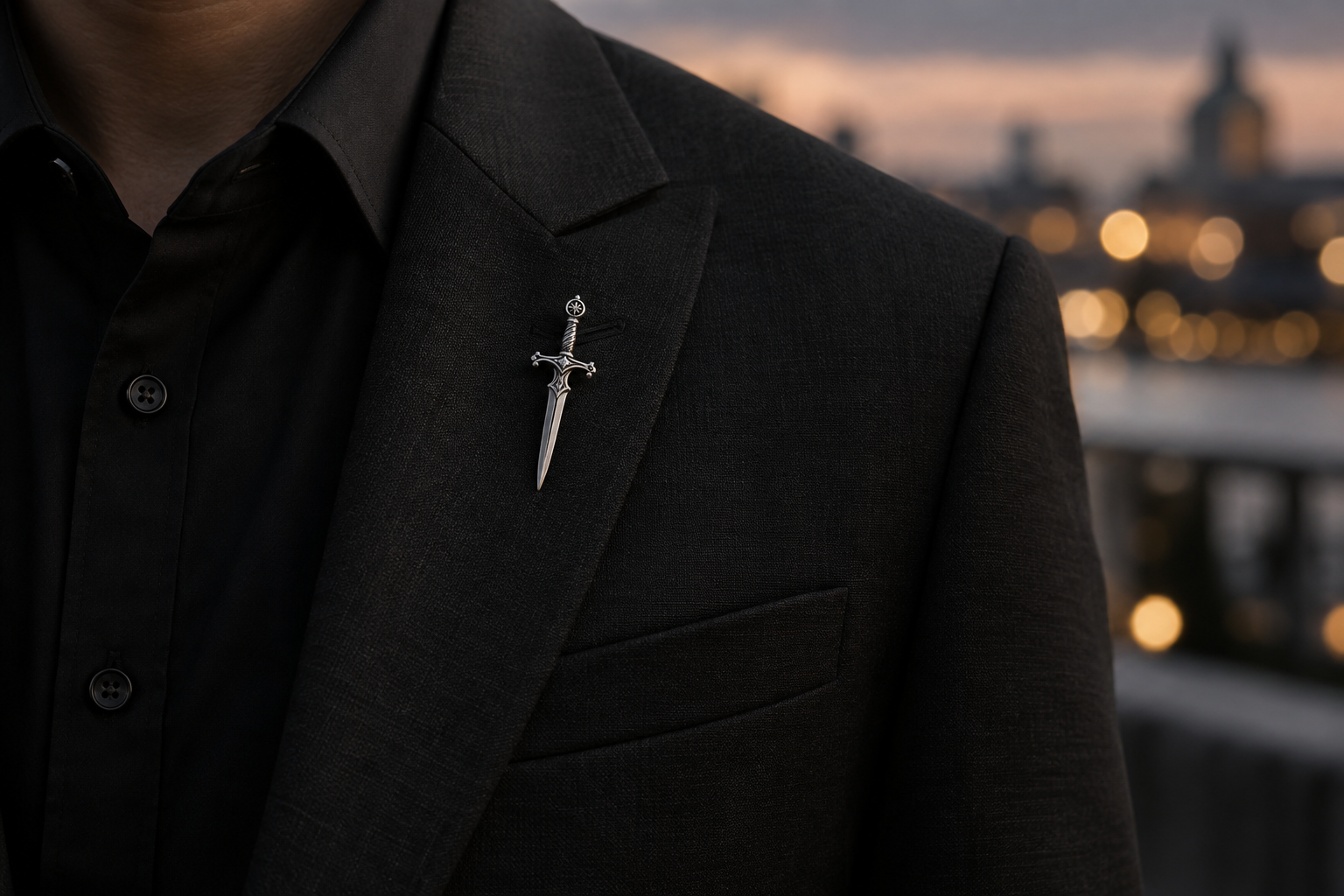 Decorative silver dagger brooch on a black evening suit.