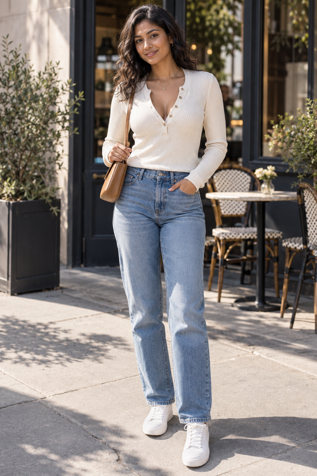 A woman stands on a sidewalk wearing a cream ribbed henley, blue jeans, and white sneakers. She holds a tan shoulder bag, with café seating visible in the background.