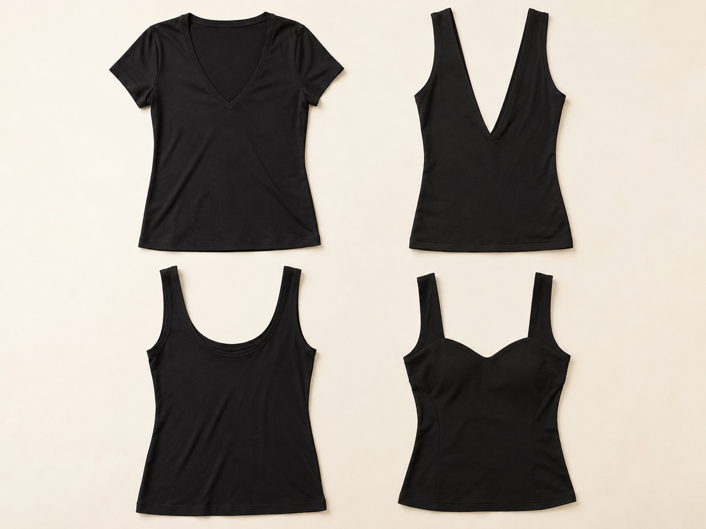 Four black women's tops laid flat: a short-sleeve V-neck tee, a deep V-neck tank, a scoop-neck tank, and a bustier-style tank.