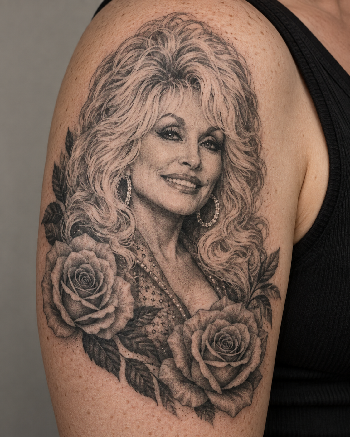 Black and grey tattoo of Dolly Parton smiling with voluminous hair and hoop earrings, framed by two large roses and leaves on a person's upper arm.