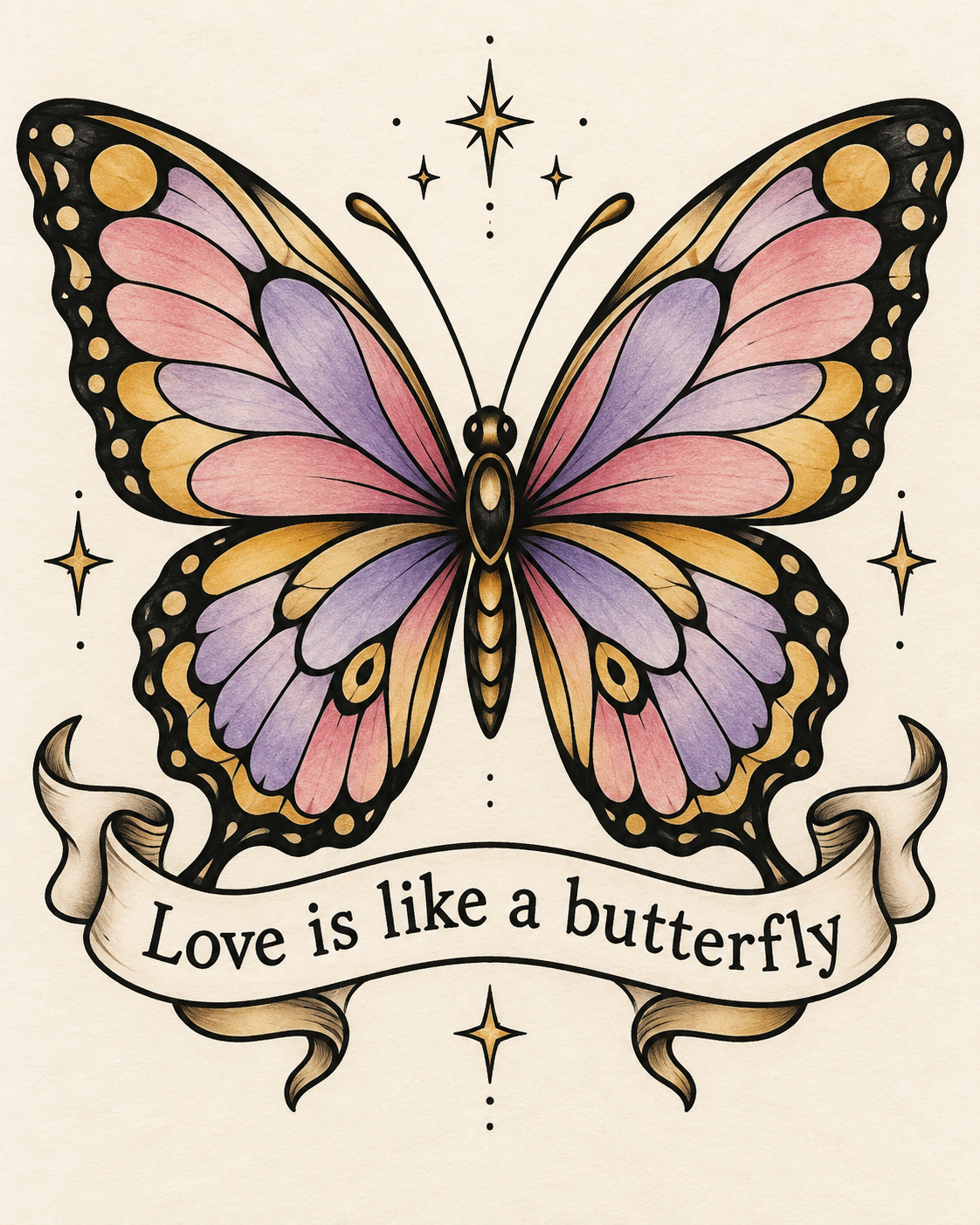 A colorful butterfly illustration with pink, purple, and gold wings surrounded by stars. A ribbon banner below reads "Love is like a butterfly.