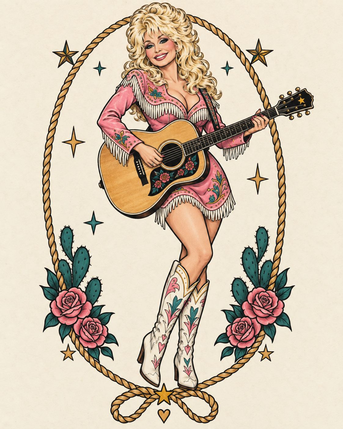 Illustration of Dolly Parton in a pink fringed outfit and white boots playing an acoustic guitar, framed by a rope lasso, stars, cacti, and roses.